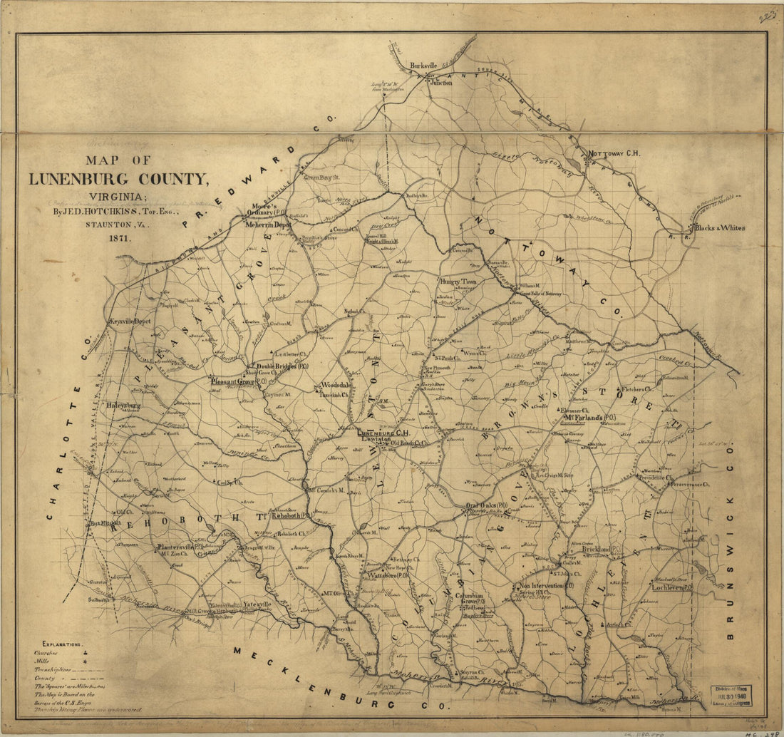 This old map of Preliminary Map of Lunenburg County, Virginia from 1871 was created by Jedediah Hotchkiss in 1871