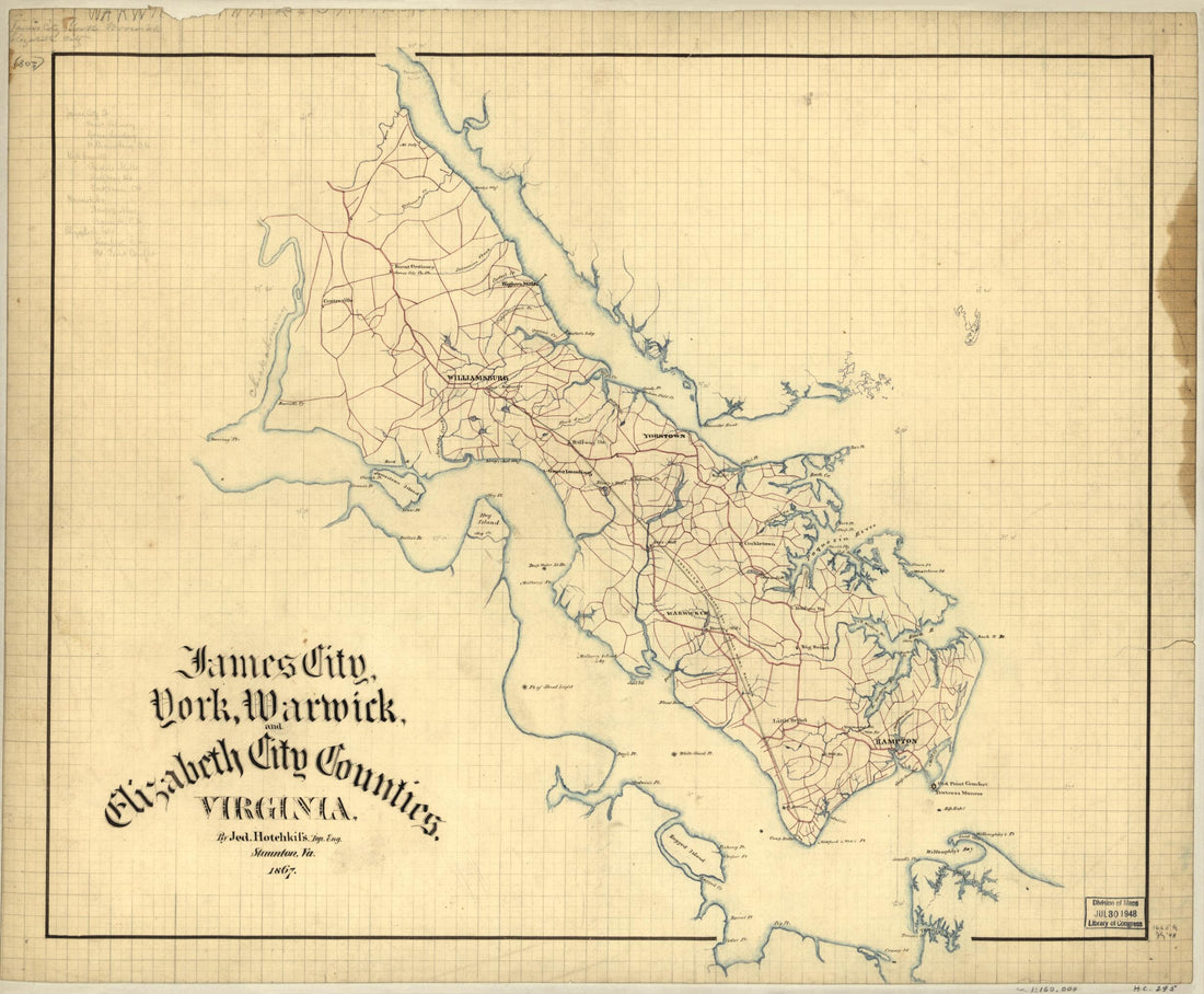 This old map of James City, York, Warwick, and Elizabeth City Counties, Virginia from 1867 was created by Jedediah Hotchkiss in 1867