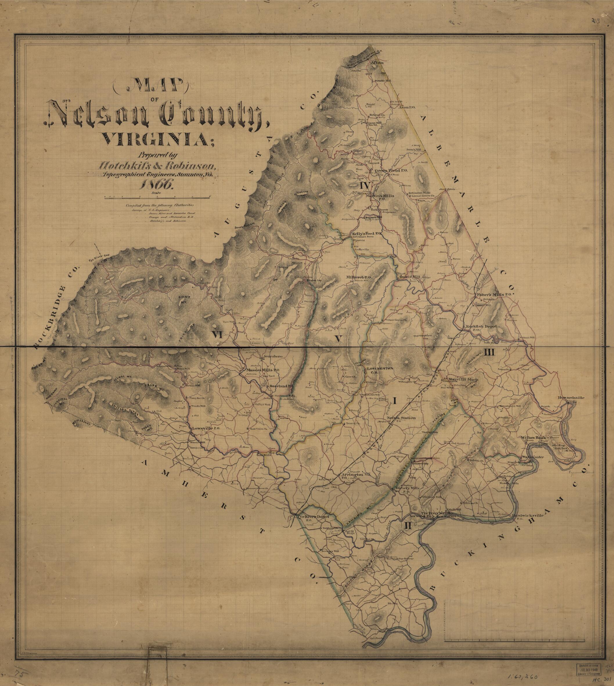 This old map of Map of Nelson County, Virginia from 1866 was created by Jedediah Hotchkiss, C. W. Oltmanns, S. B. Robinson in 1866