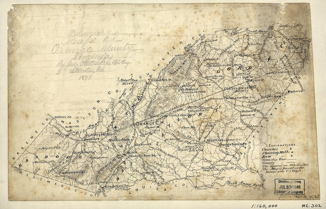 This old map of Preliminary Map of Orange County, Virginia from 1871 was created by Jedediah Hotchkiss in 1871
