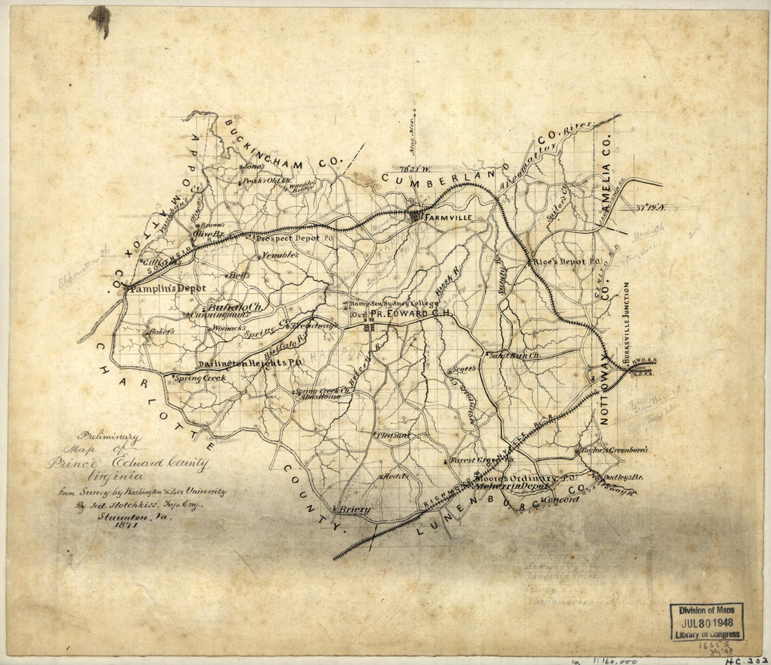 This old map of Preliminary Map of Prince Edward County, Virginia from 1871 was created by Jedediah Hotchkiss,  Washington and Lee University in 1871