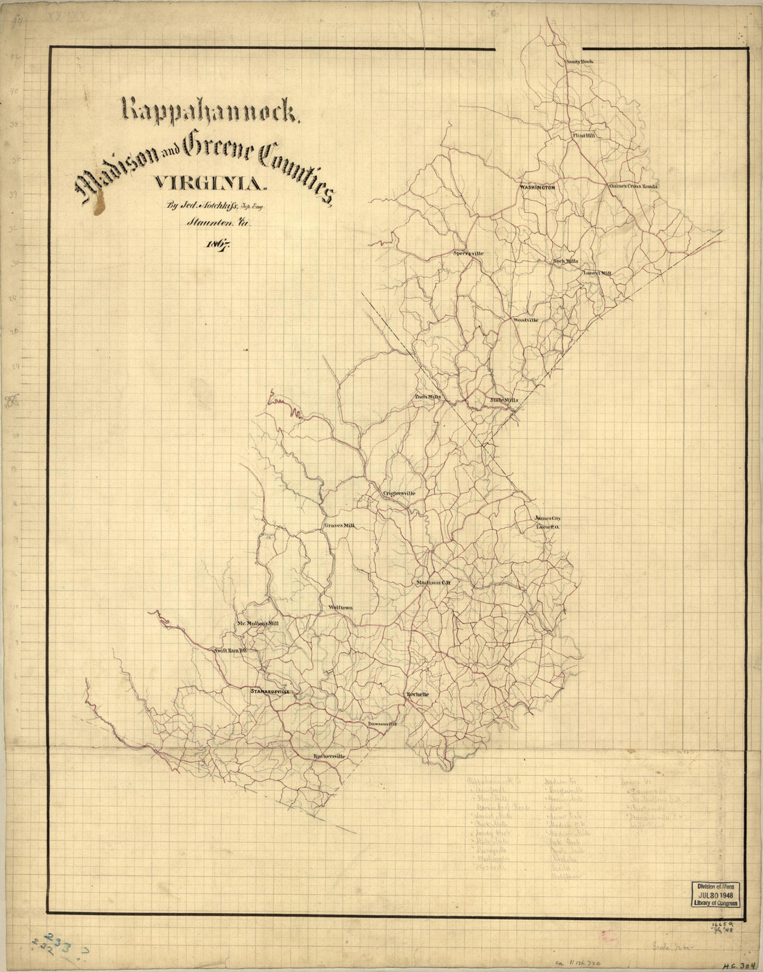 This old map of Rappahannock, Madison, and Greene Counties, Virginia from 1867 was created by Jedediah Hotchkiss in 1867
