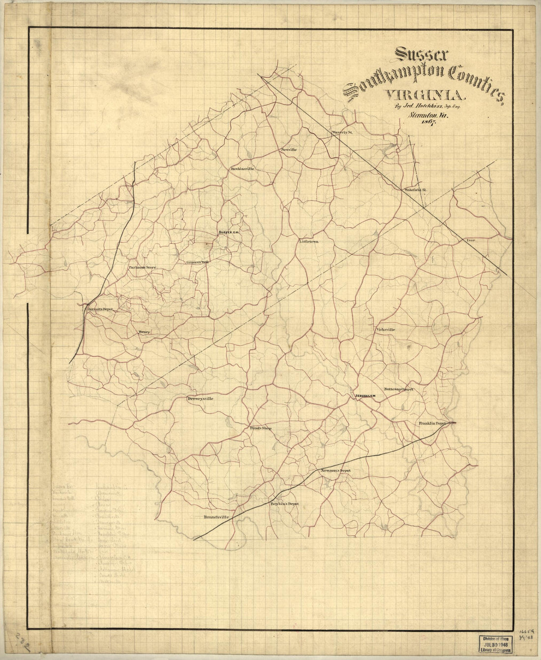 This old map of Sussex, Southampton Counties, Virginia from 1867 was created by Jedediah Hotchkiss in 1867
