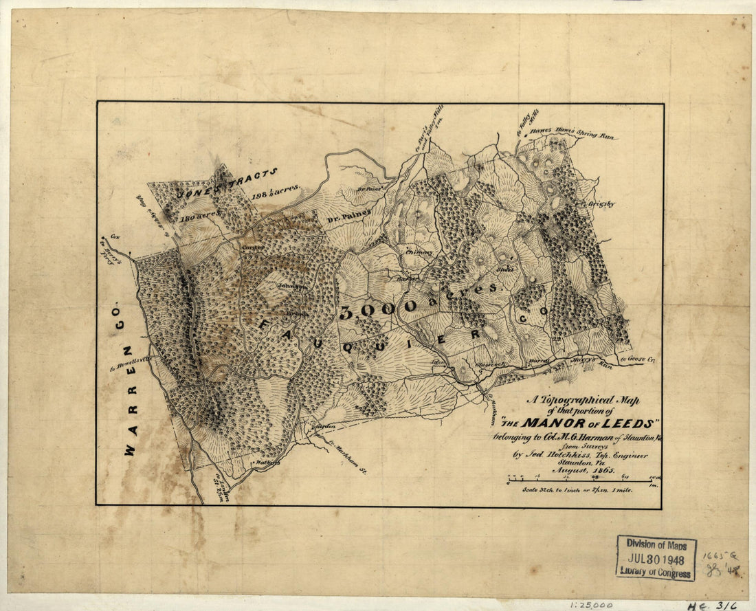 This old map of A Topographical Map of That Portion of The Manor of Leeds Belonging to Col. M.G. Harman of Staunton, Va from 1865 was created by Jedediah Hotchkiss in 1865