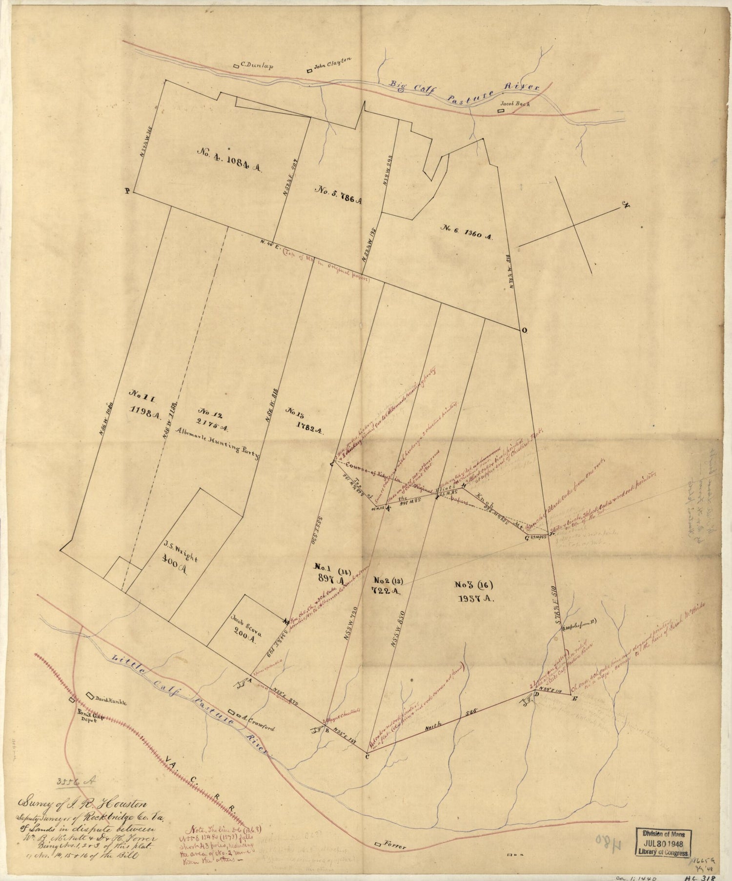 This old map of Survey of I. R. Houston, Deputy Surveyor of Rockbridge Co., Va. of Lands In Dispute Between Wm. B. McNutt &amp; D.&amp; H. Forrer, Being Nos. 1, 2 &amp; 3 of This Plat (Nos. 14, 15 &amp; 16 of the Bill) from 1870 was created by I. R. Houston in 1870