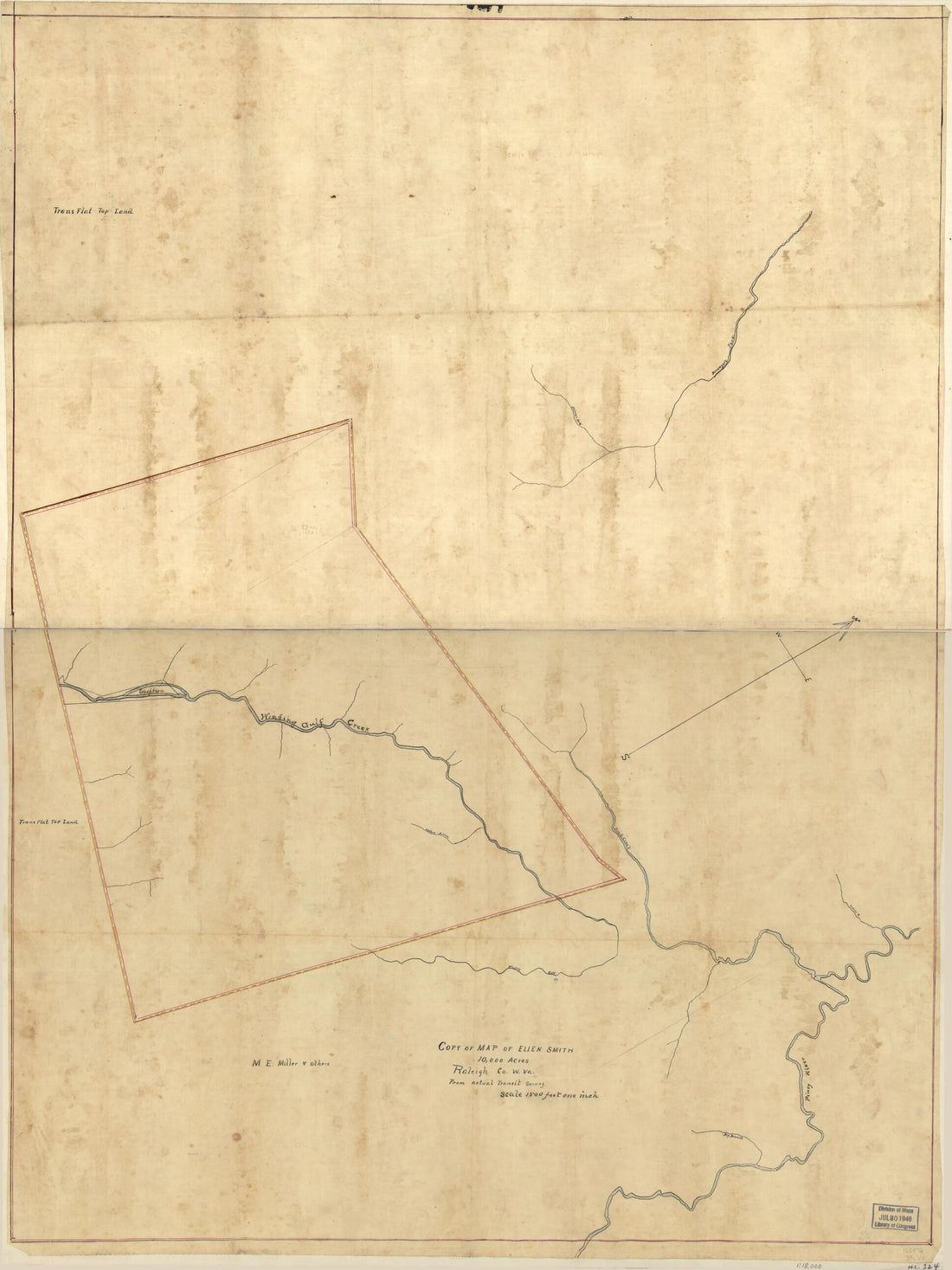 This old map of Copy of Map of Ellen Smith 10,000 Acres, Raleigh Co., W. Va. from Actual Transit Survey from 1880 was created by M. E. Miller in 1880