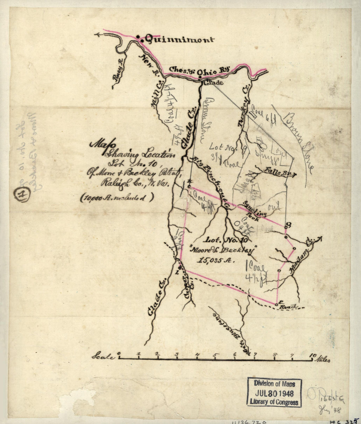 Map Showing Location Lot No. 10 of Moore &amp; Beckley Patent, Raleigh Co., W. Va. (10,000 A. Included) 1880 by Relic Map Company