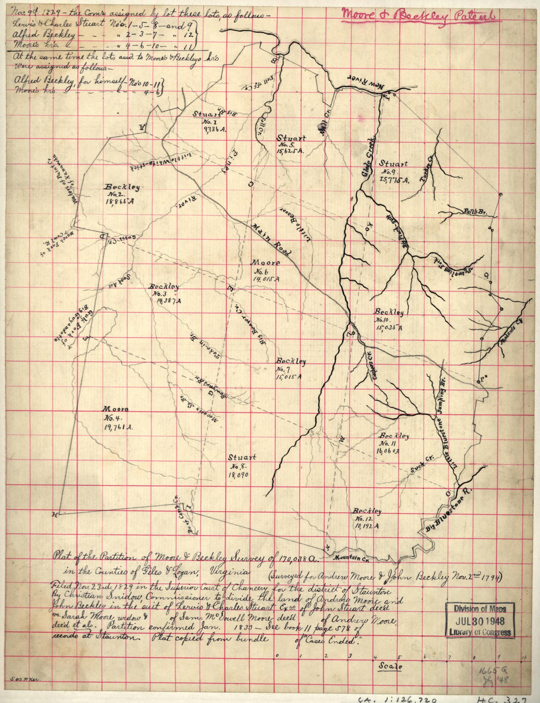 This old map of Plat of the Partition of Moore &amp; Beckley Survey of 170,038 A. In the Counties of Giles &amp; Logan, Virginia from 1794 was created by  in 1794