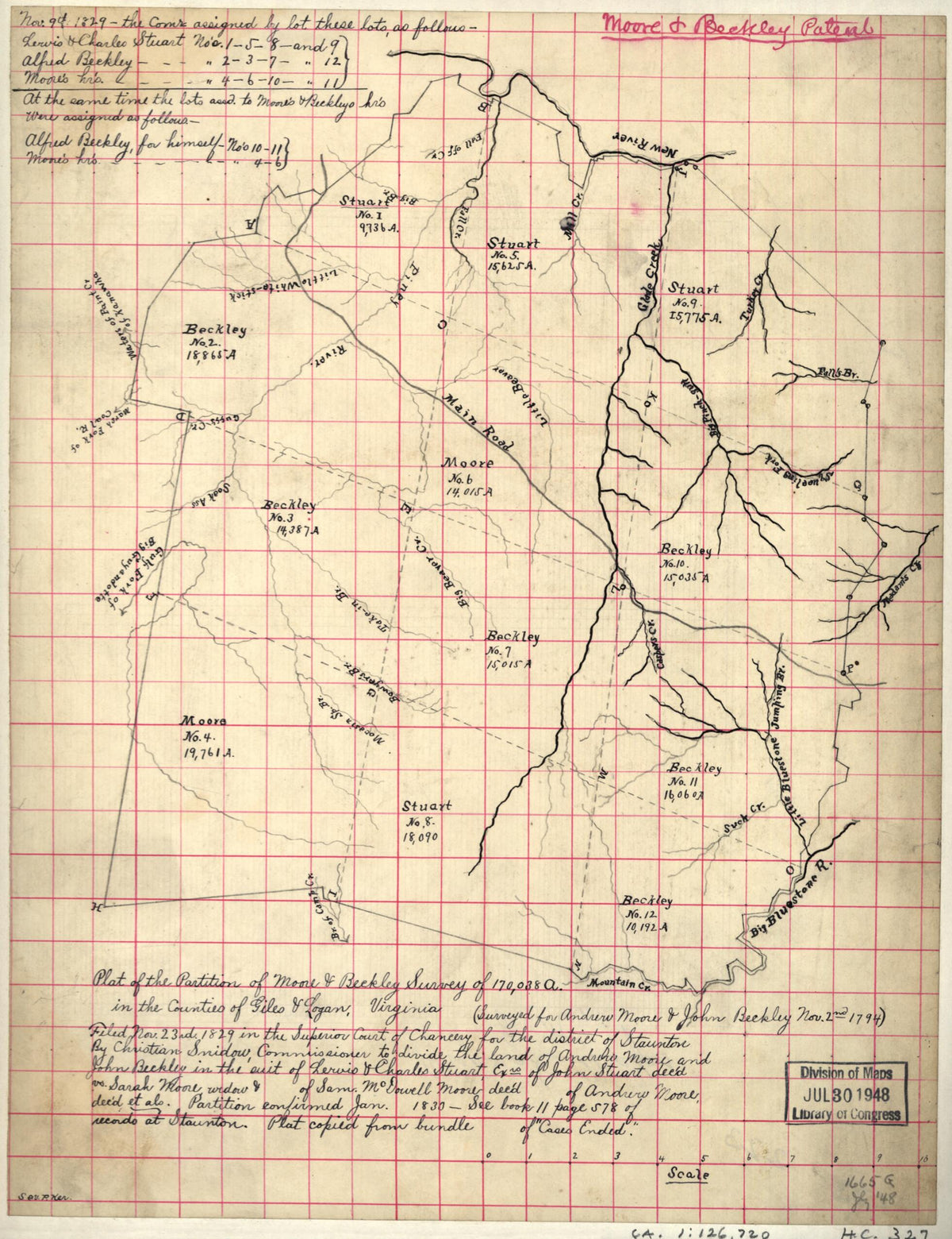 Plat of the Partition of Moore &amp; Beckley Survey of 170,038 A. In the Counties of Giles &amp; Logan, Virginia 1794 by Relic Map Company