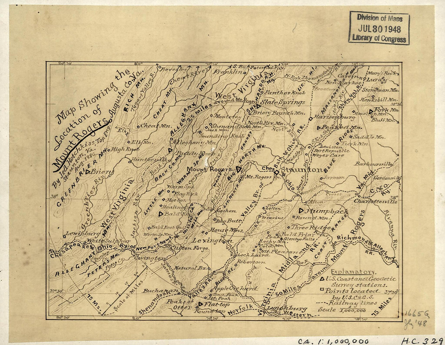 This old map of Map Showing the Location of Mount Rogers, Augusta County, Va from 1886 was created by Jedediah Hotchkiss in 1886