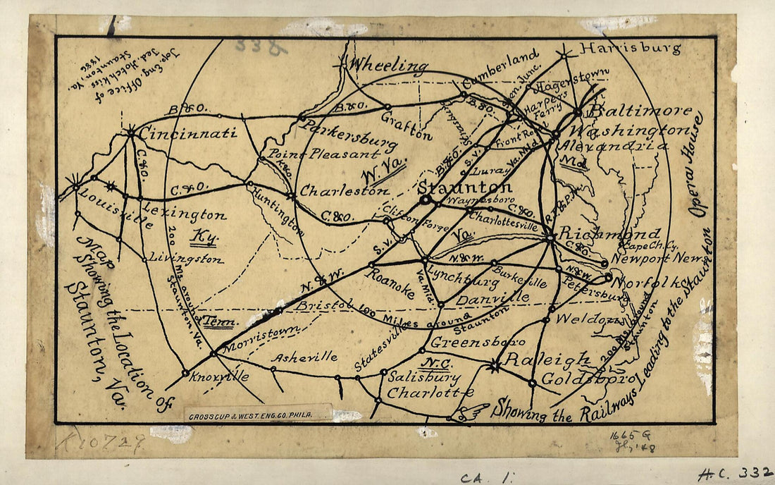 This old map of Map Showing the Location of Staunton, Va. : Showing the Railways Leading to the Staunton Opera House from 1886 was created by  Crosscup &amp; West, Jedediah Hotchkiss in 1886
