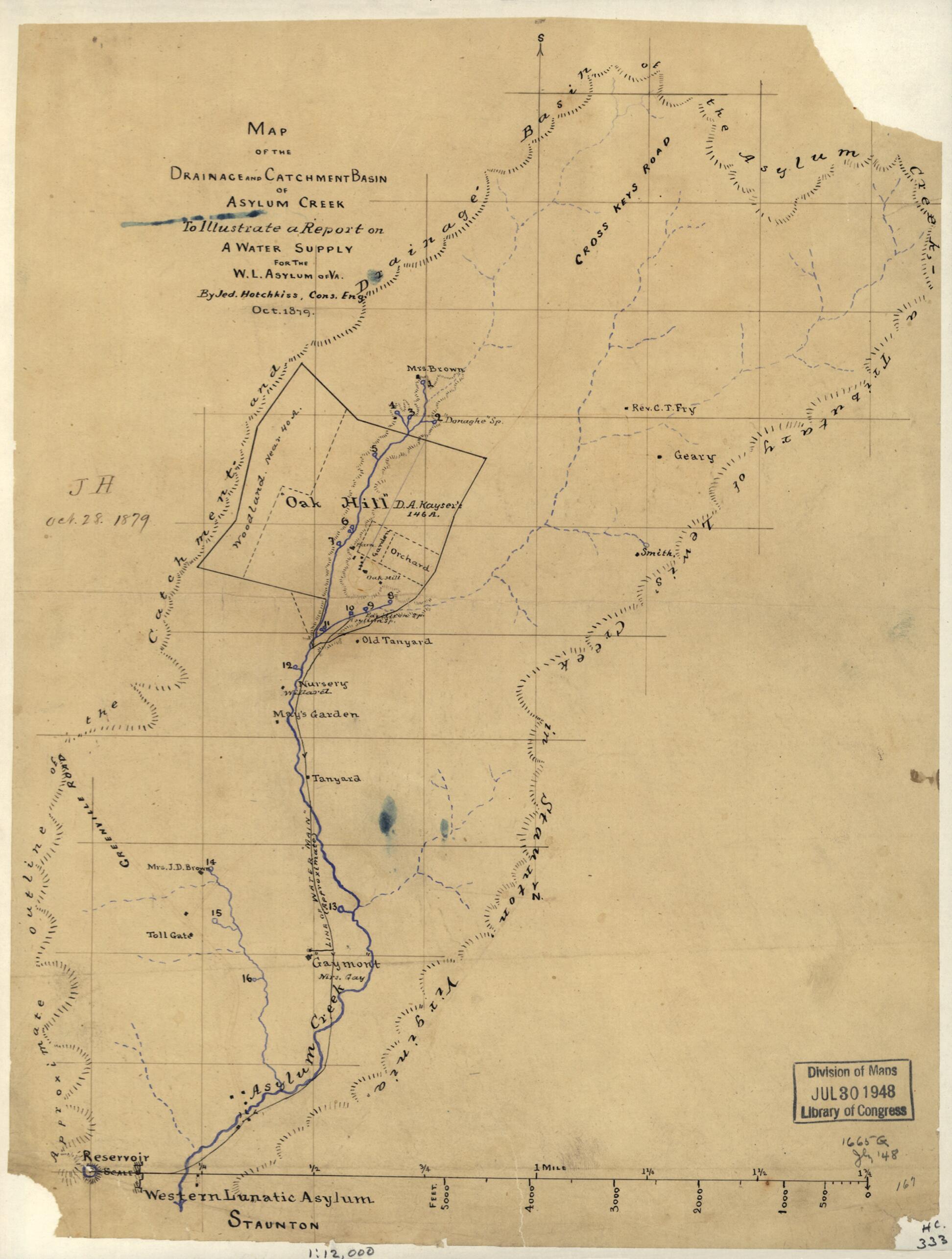 This old map of Map of the Drainage and Catchment Basin of Asylum Creek to Illustrate a Report On a Water Supply for the W.L. Asylum of Va from 1879 was created by Jedediah Hotchkiss,  Western Lunatic Asylum (Va.) in 1879