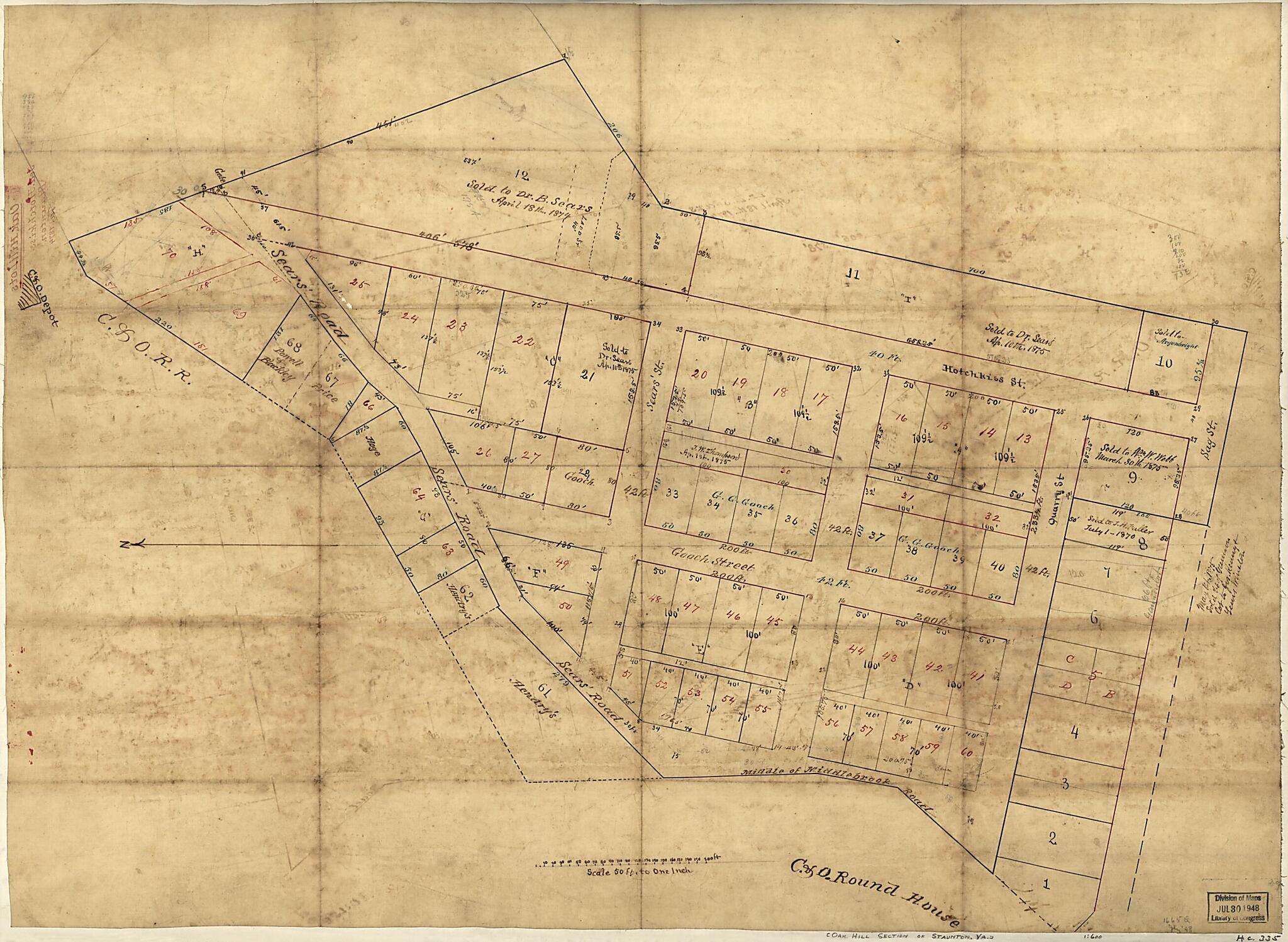 This old map of Oak Hill Lots from 1874 was created by Jedediah Hotchkiss in 1874