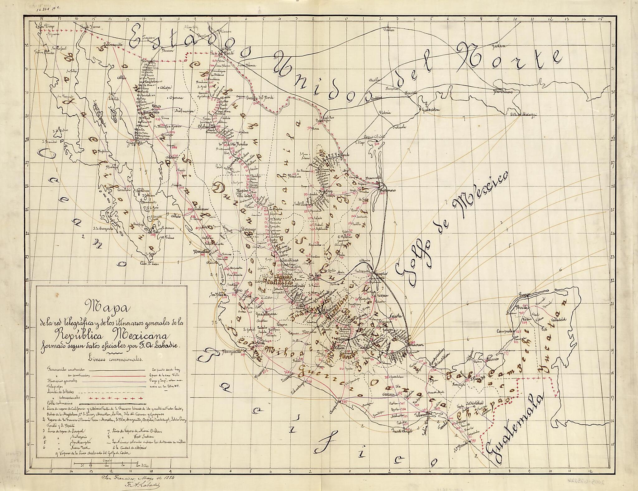 This old map of Mapa De La Red Telegráfica Y De Los Itinerarios Generales De La República Mexicana : Formado Segun Datos Officiales from 1884 was created by F. A. (Felipe A.) Labadie in 1884