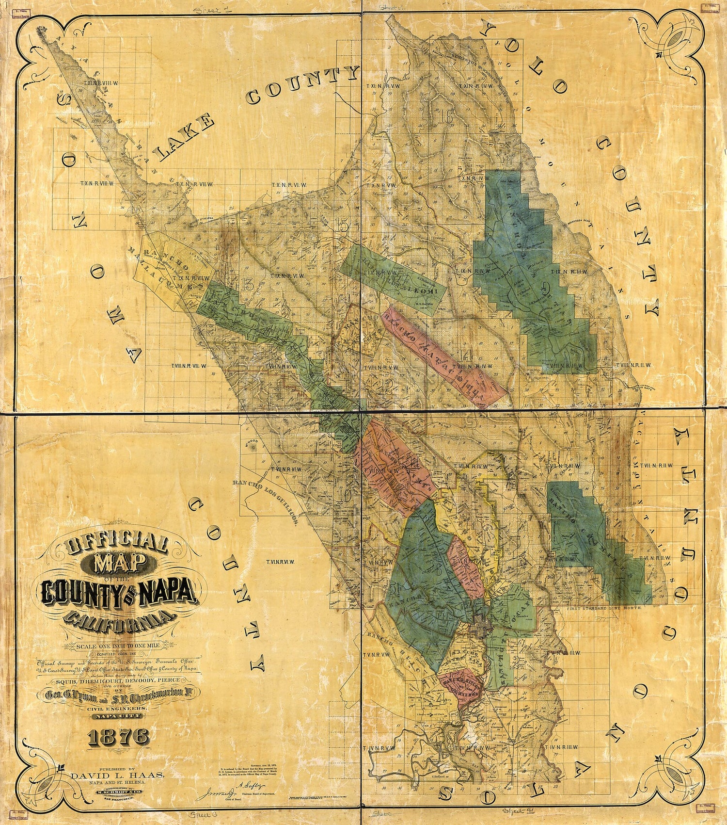 This old map of Official Map of the County of Napa, California  from 1876 was created by David L. Haas, Geo. G. Lyman,  M. Schmidt &amp; Co, S. R. Throckmorton in 1876