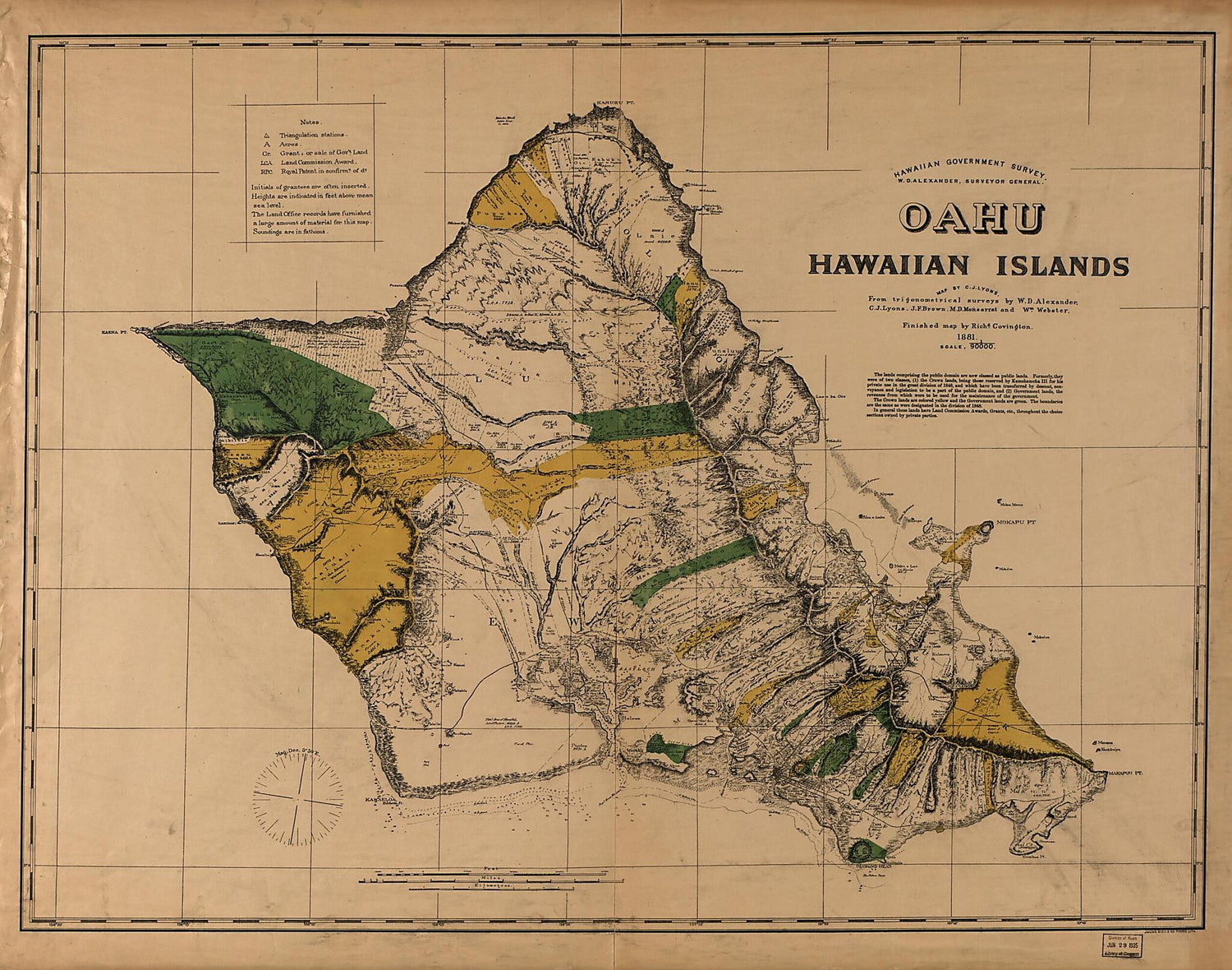 This old map of Oahu, Hawaiian Islands from 1881 was created by Richard Covington,  Hawaii. Oihana Ana Aina Aupuni, C. J. Lyons in 1881