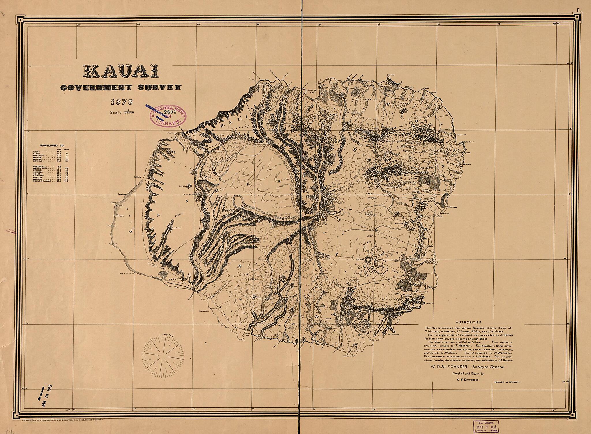 This old map of Kauai Government Survey, from 1878 was created by  Hawaii. Oihana Ana Aina Aupuni, C. S. Kittredge, W. A. Wall in 1878