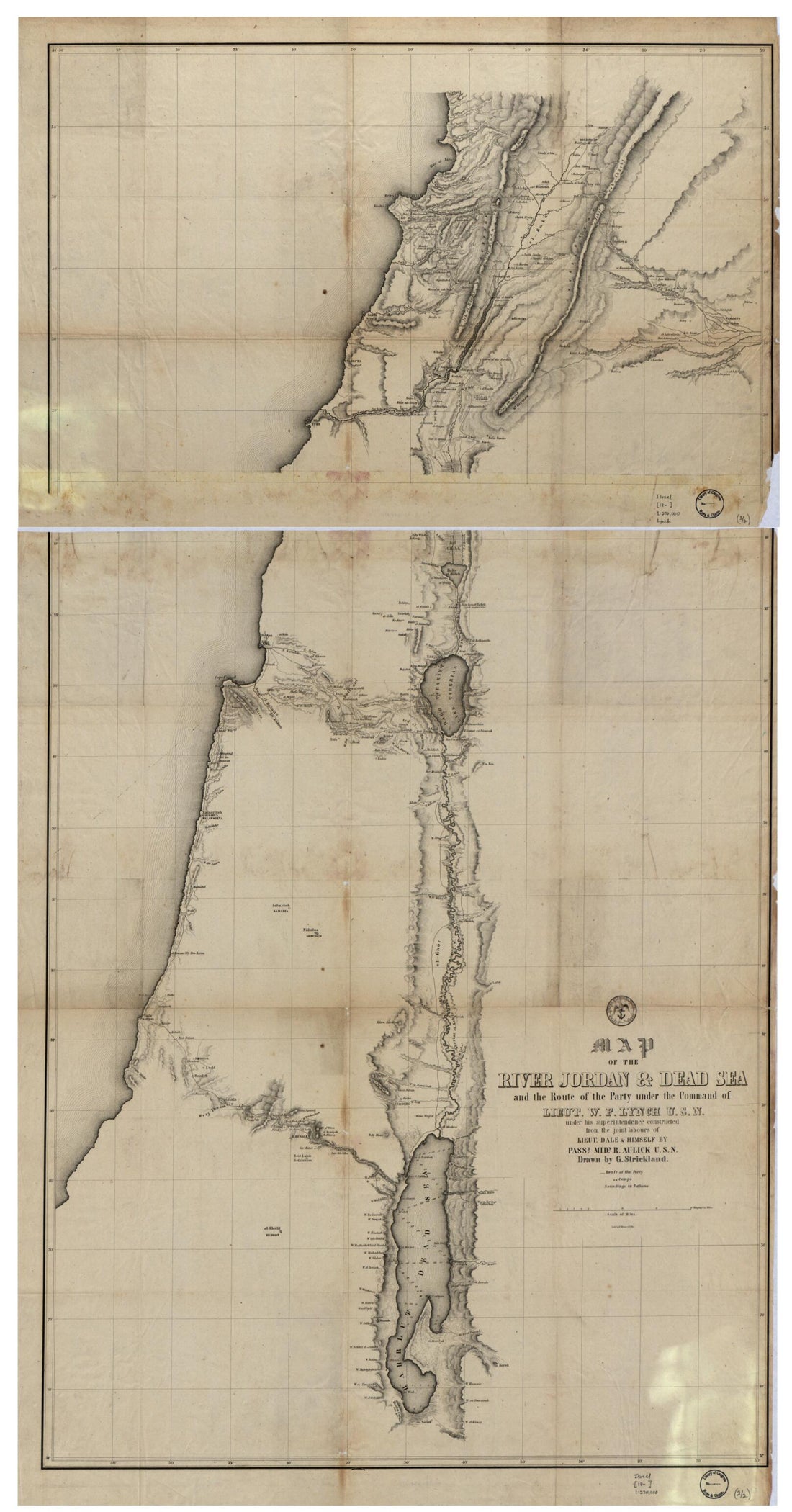 This old map of Map of the River Jordan &amp; Dead Sea : and the Route of the Party Under the Command of Lieut. W.F. Lynch, U.S.N. Under His Superintendence Constructed from the Joint Labours of Lieut. Dale &amp; Himself by Passd. Midn. R. Aulick U.S.N from 1840