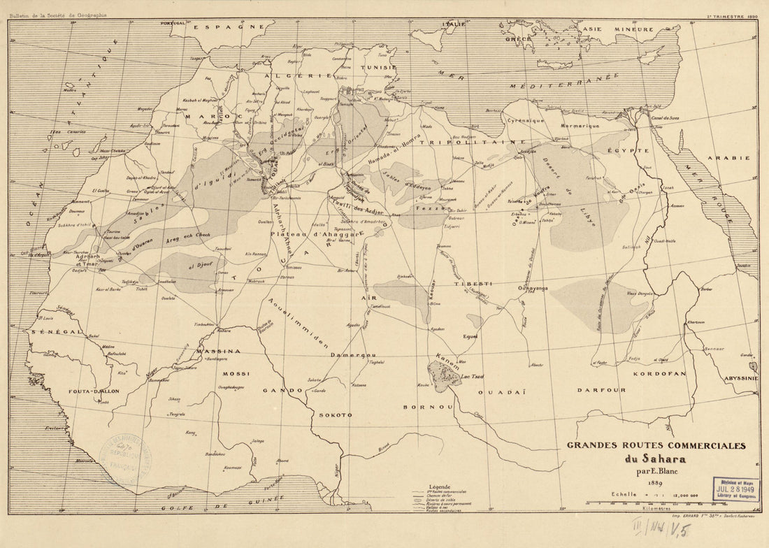 This old map of Grandes Routes Commerciales Du Sahara from 1890 was created by E. (Edouard) Blanc,  Société De Géographie (France) in 1890