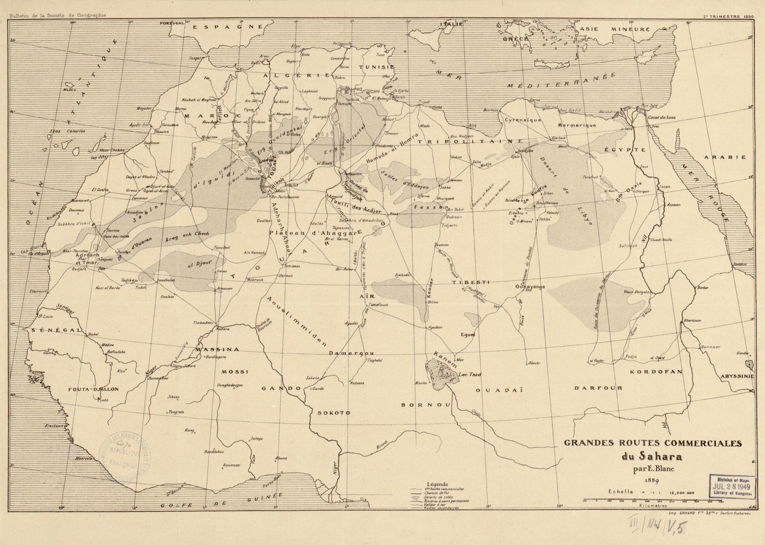 This old map of Grandes Routes Commerciales Du Sahara from 1890 was created by E. (Edouard) Blanc,  Société De Géographie (France) in 1890
