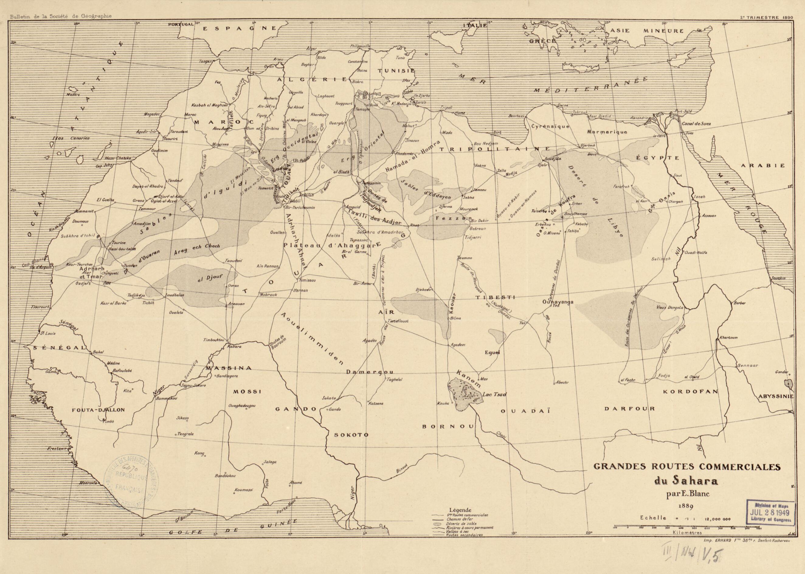This old map of Grandes Routes Commerciales Du Sahara from 1890 was created by E. (Edouard) Blanc,  Société De Géographie (France) in 1890