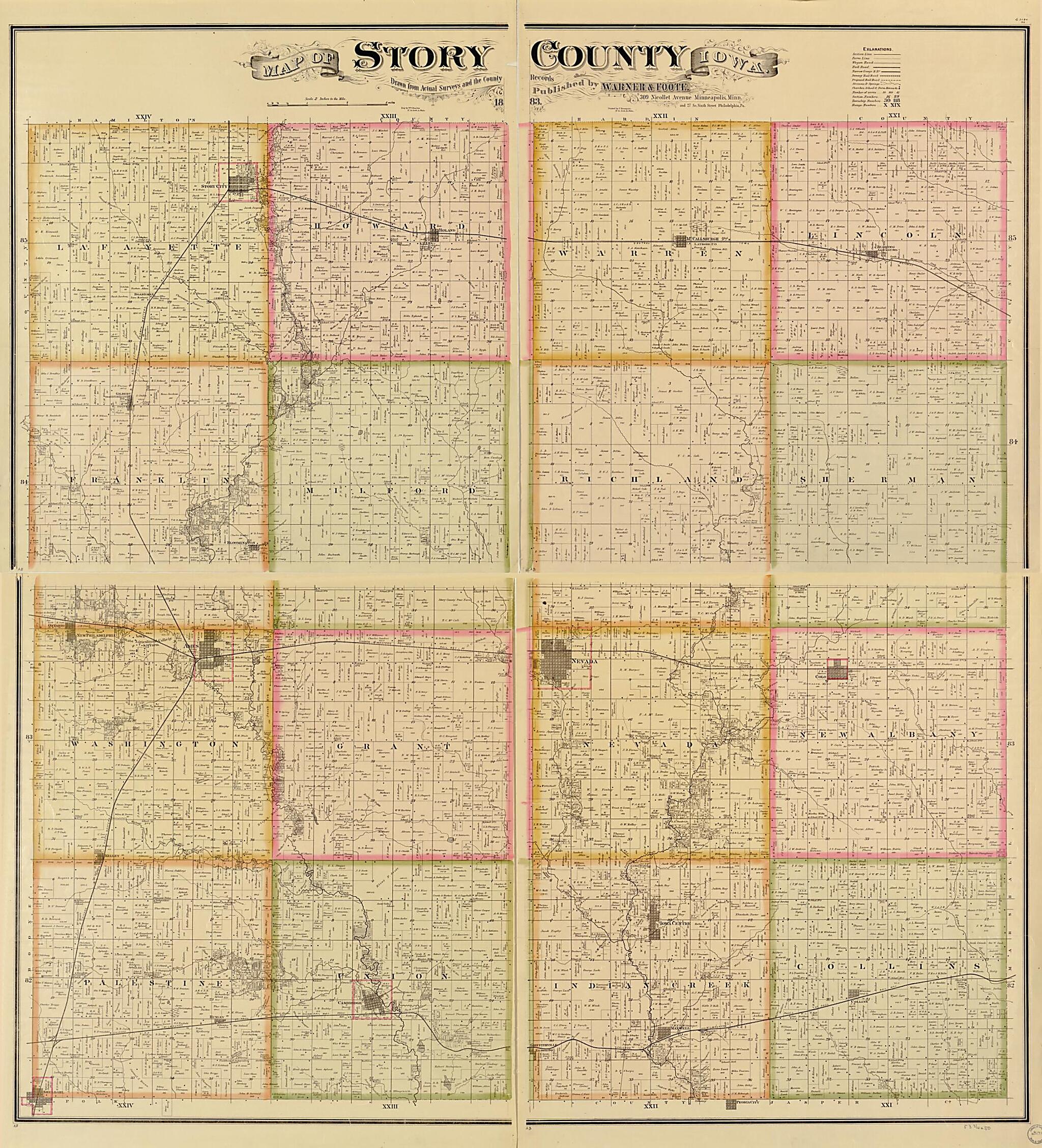 This old map of Map of Story County, Iowa : Drawn from Actual Surveys and the County Records from 1883 was created by  Warner &amp; Foote in 1883