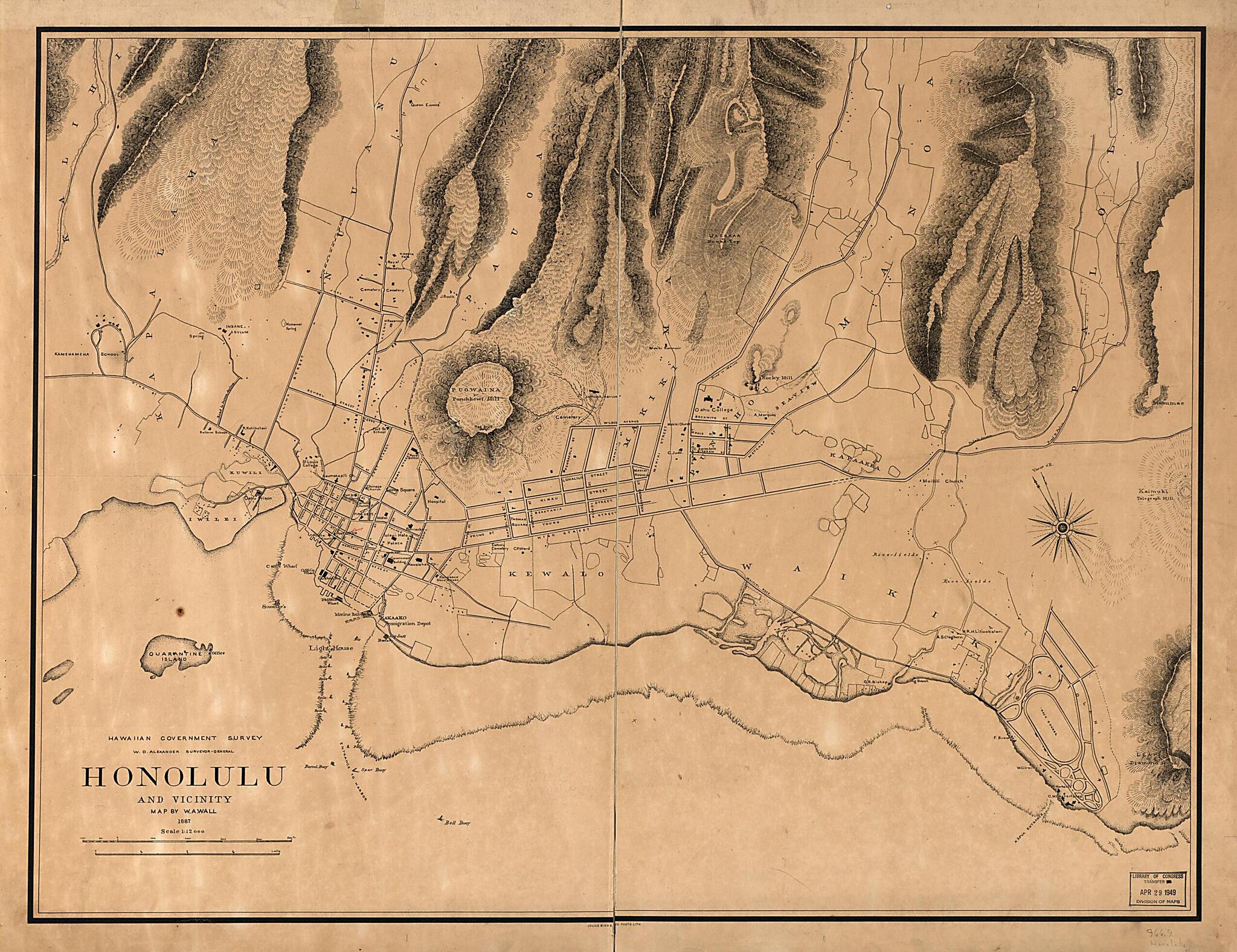 This old map of Honolulu and Vicinity from 1887 was created by W. D. (William De Witt) Alexander,  Hawaii. Oihana Ana Aina Aupuni, W. A. Wall in 1887