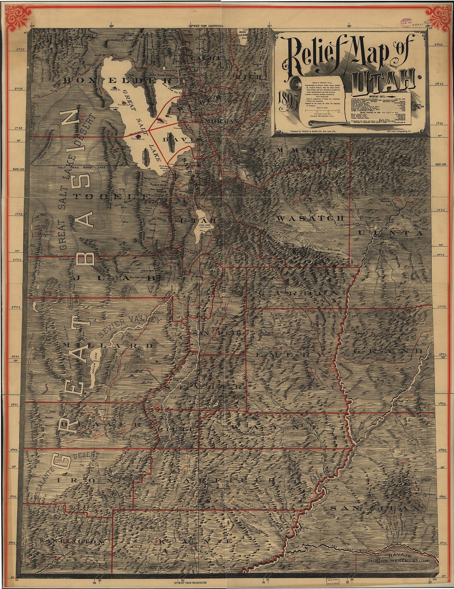 This old map of Relief Map of Utah from 1895 was created by Mosiah Hall, Don Maguire, Charles Wright in 1895