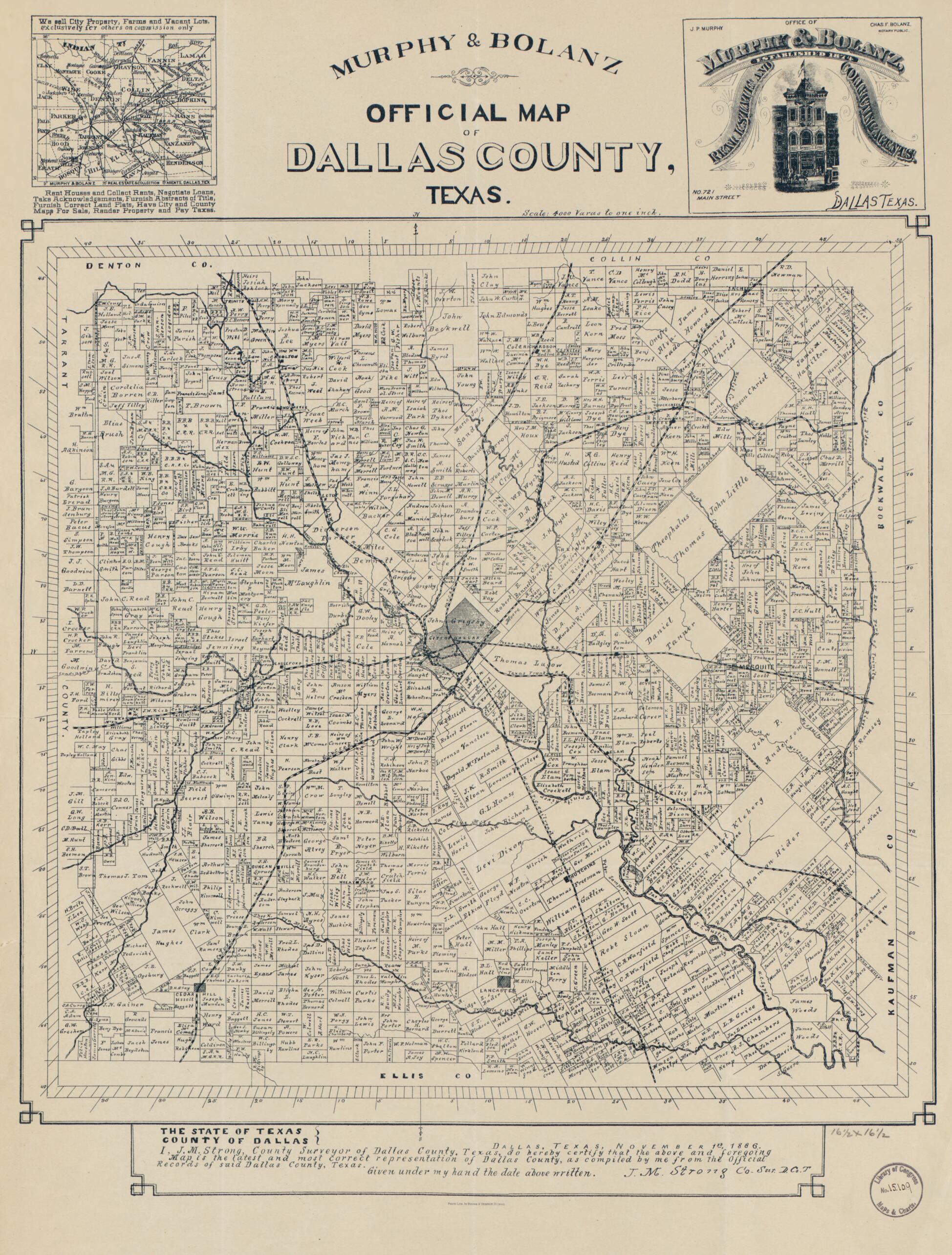 This old map of Official Map of Dallas County, Texas (Murphy &amp; Bolanz Official Map of Dallas County, Texas) from 1886 was created by  Murphy &amp; Bolanz, J. M. Strong in 1886