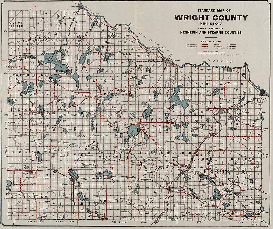 This old map of Standard Map of Wright County, Minnesota : Showing Portions of Hennepin and Stearns Counties from 1920 was created by  Warner Co in 1920
