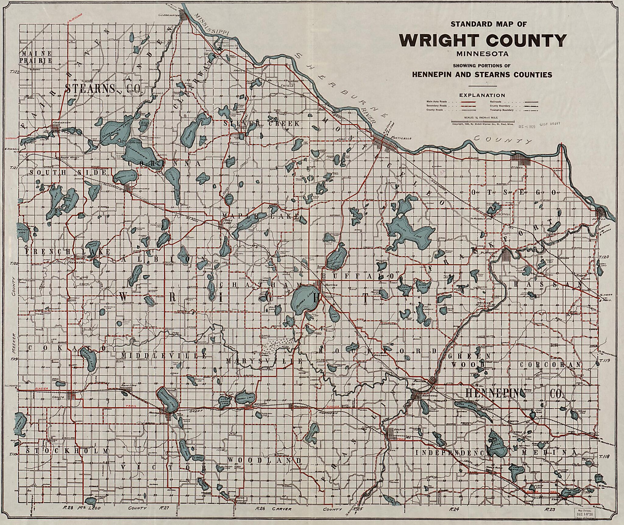This old map of Standard Map of Wright County, Minnesota : Showing Portions of Hennepin and Stearns Counties from 1920 was created by  Warner Co in 1920