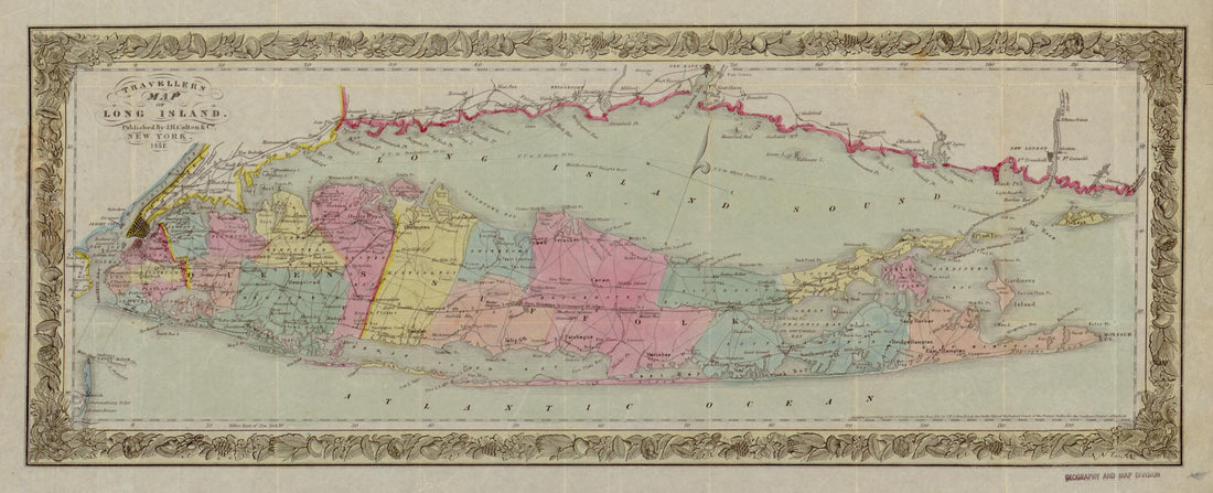 This old map of Travellers Map of Long Island from 1857 was created by  J.H. Colton &amp; Co in 1857