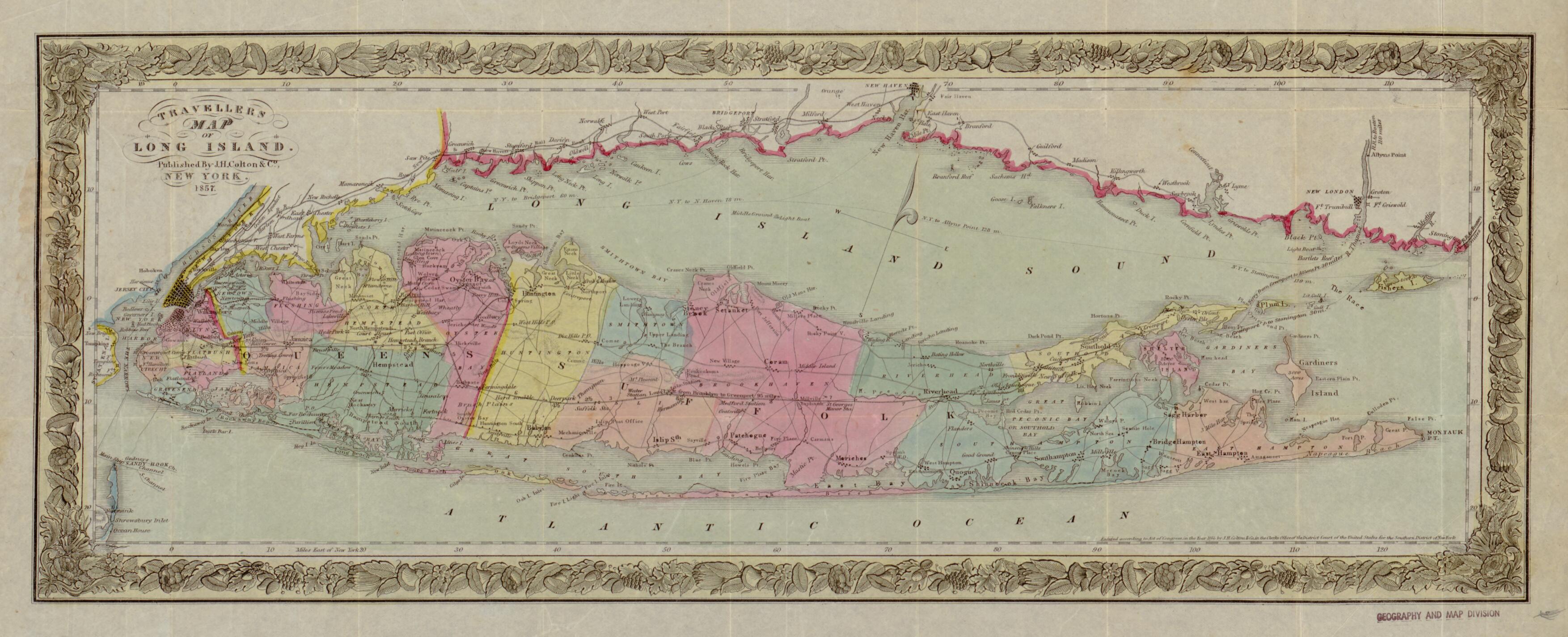 This old map of Travellers Map of Long Island from 1857 was created by  J.H. Colton &amp; Co in 1857