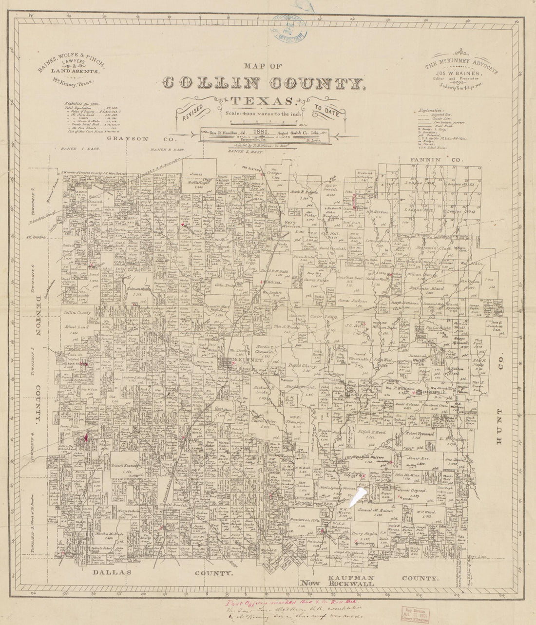 This old map of Map of Collin County, Texas from 1881 was created by  August Gast &amp; Co, Sam. R. Hamilton, T. B. Wilson in 1881