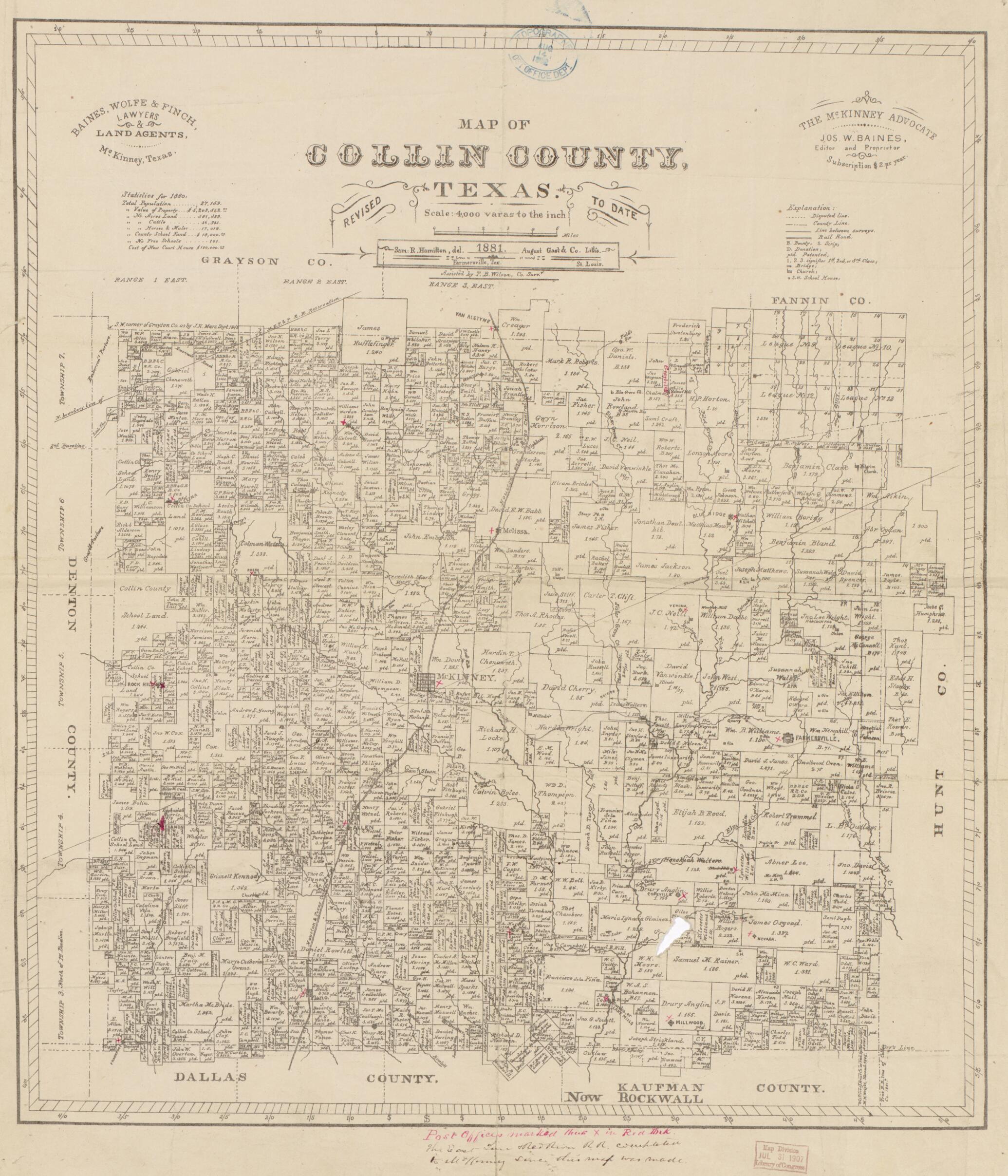 This old map of Map of Collin County, Texas from 1881 was created by  August Gast &amp; Co, Sam. R. Hamilton, T. B. Wilson in 1881