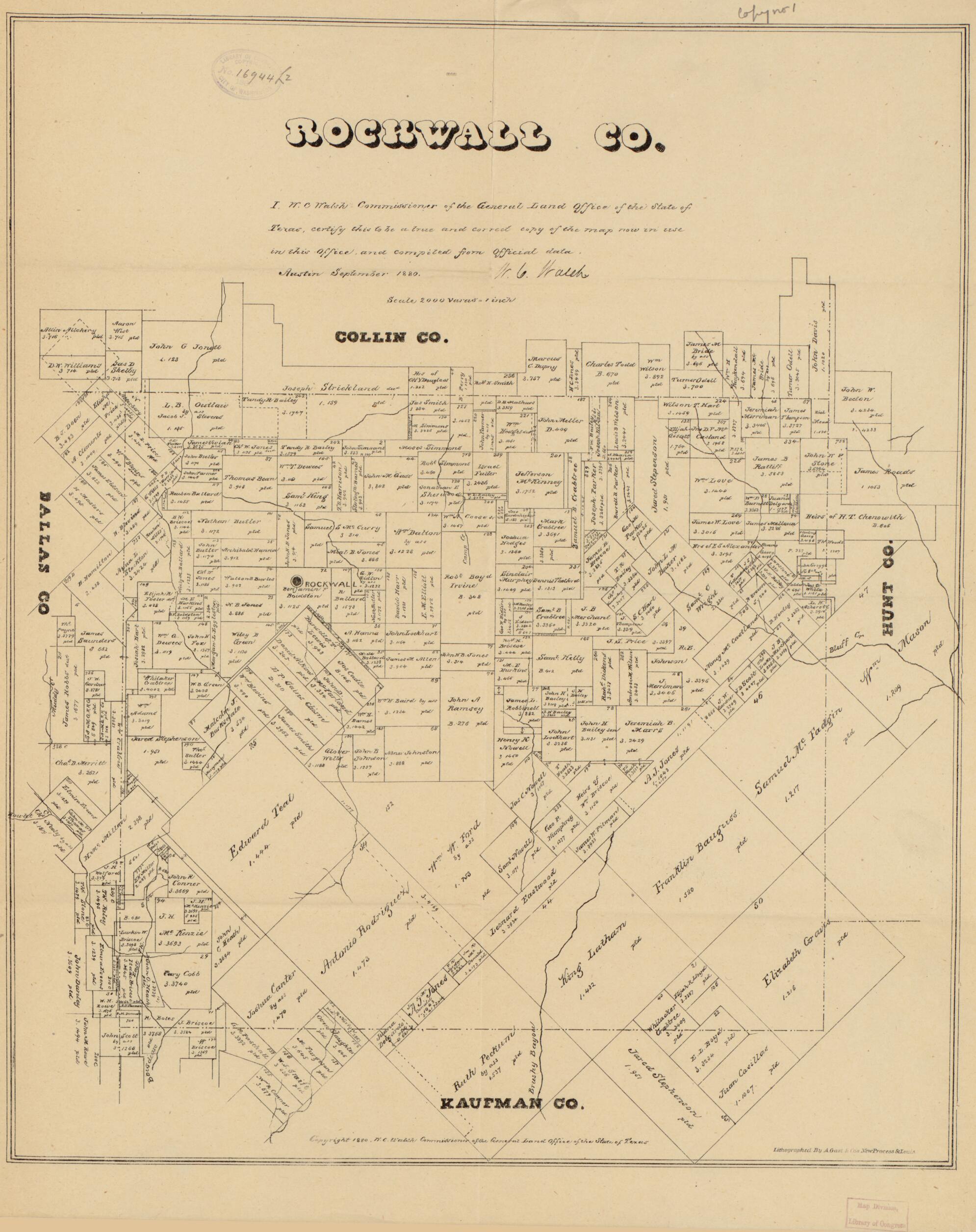 This old map of Rockwall Co. Texas from 1880 was created by  August Gast &amp; Co,  Texas. General Land Office in 1880