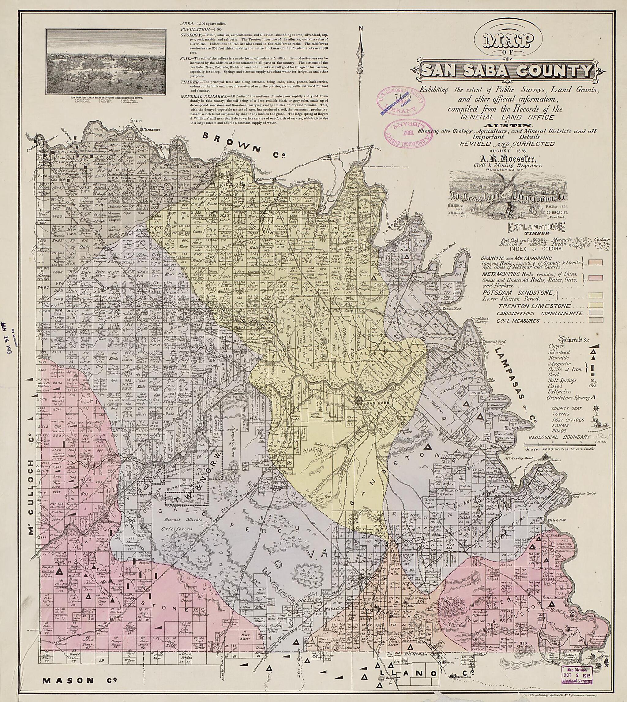 This old map of Map of San Saba County : Exhibiting the Extent of Public Surveys, Land Grants, and Other Official Information ; Compiled from the Records of the General Land Office at Austin, Showing Also Geology, Agriculture, and Mineral Districts and A
