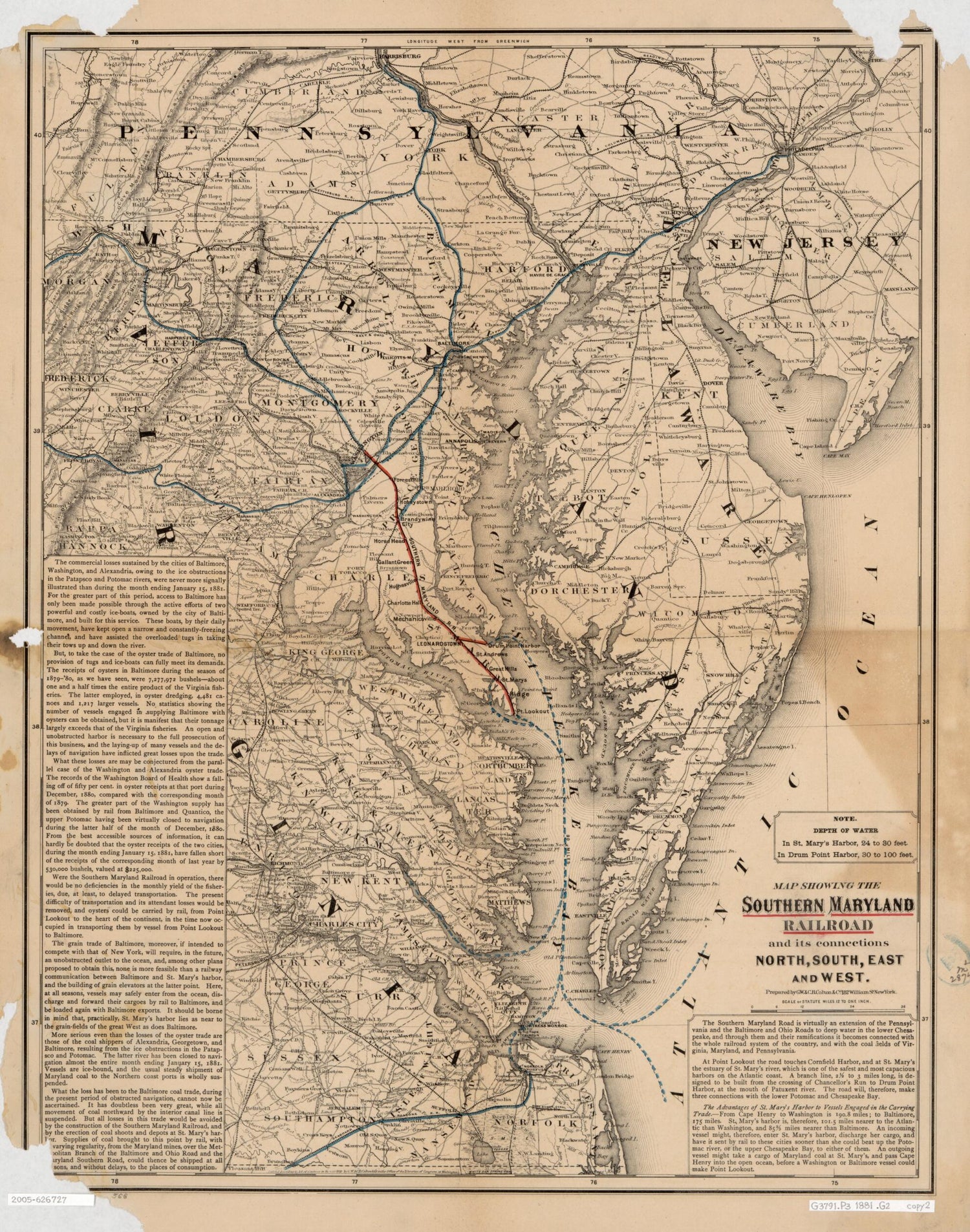 This old map of Map Showing the Southern Maryland Railroad and Its Connections : North, South, East, and West from 1881 was created by  G.W. &amp; C.B. Colton &amp; Co,  Southern Maryland Railroad in 1881