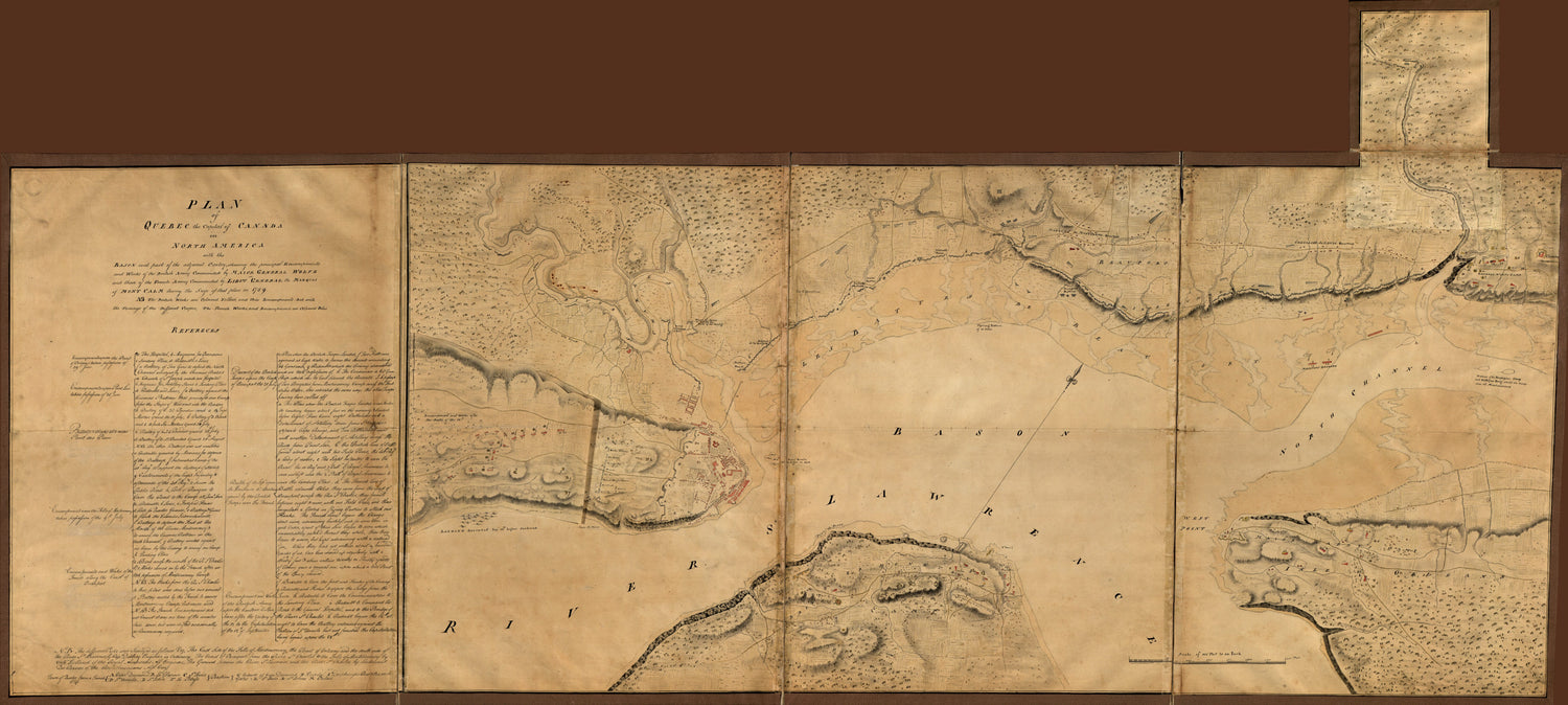 This old map of Plan of Quebec, the Capital of Canada In North America, With the Bason and Part of the Adjacent Contry sic Shewing the Principal Encampments and Works of the British Army Commanded by Maior General Wolfe and Those of the French Army Comma