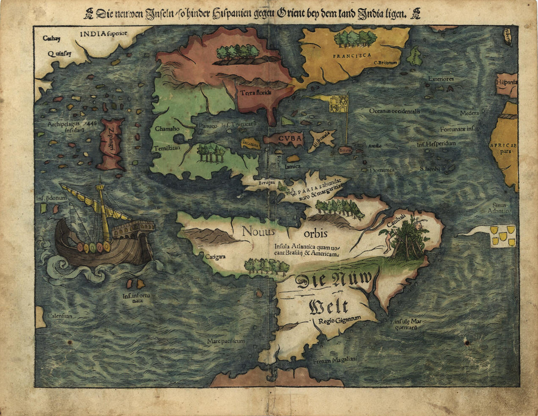 This old map of Die Neuwen Inseln, So Hinder Hispanien Gegen Orient Bey Dem Land India Ligen (Title On Verso: New Weldt Oder Inseln, So Hinder Hispanien Gegen Orient Bey Dem Land India Ligen) from 1550 was created by Sebastian Münster in 1550