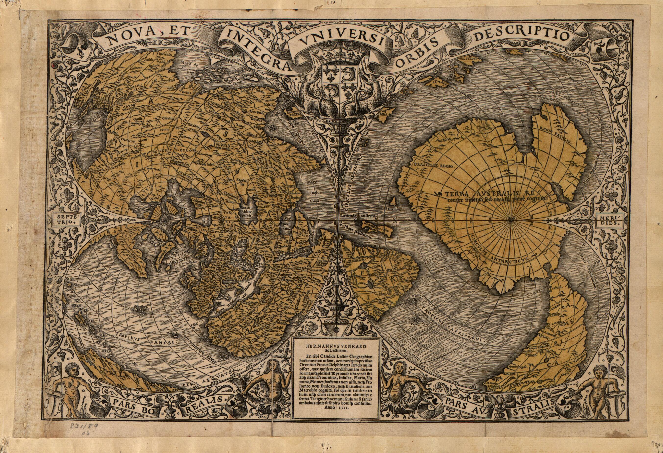 This old map of Noua, Et Integra Uniuersi Orbis Descriptio (Nova, Et Integra Vniversi Orbis Descriptio, Nova, Et Integra Universi Orbis Descriptio) from 1531 was created by Oronce Fine in 1531