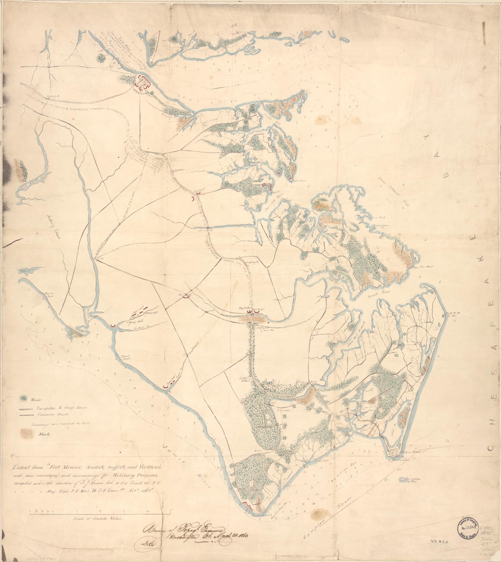 This old map of Extract from Fort Monroe, Norfolk, Suffolk, and Yorktown, With Their Connections and Surroundings for Military Purposes from 1862 was created by Thomas Jefferson Cram,  United States. Army. Corps of Topographical Engineers in 1862