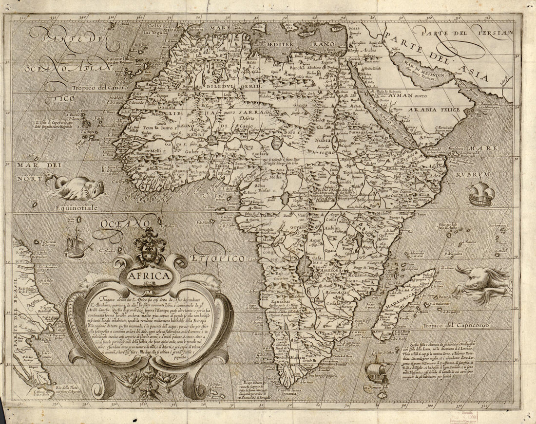 This old map of Africa from 1600 was created by Arnoldo DI Arnoldi, Matteo Florimi in 1600