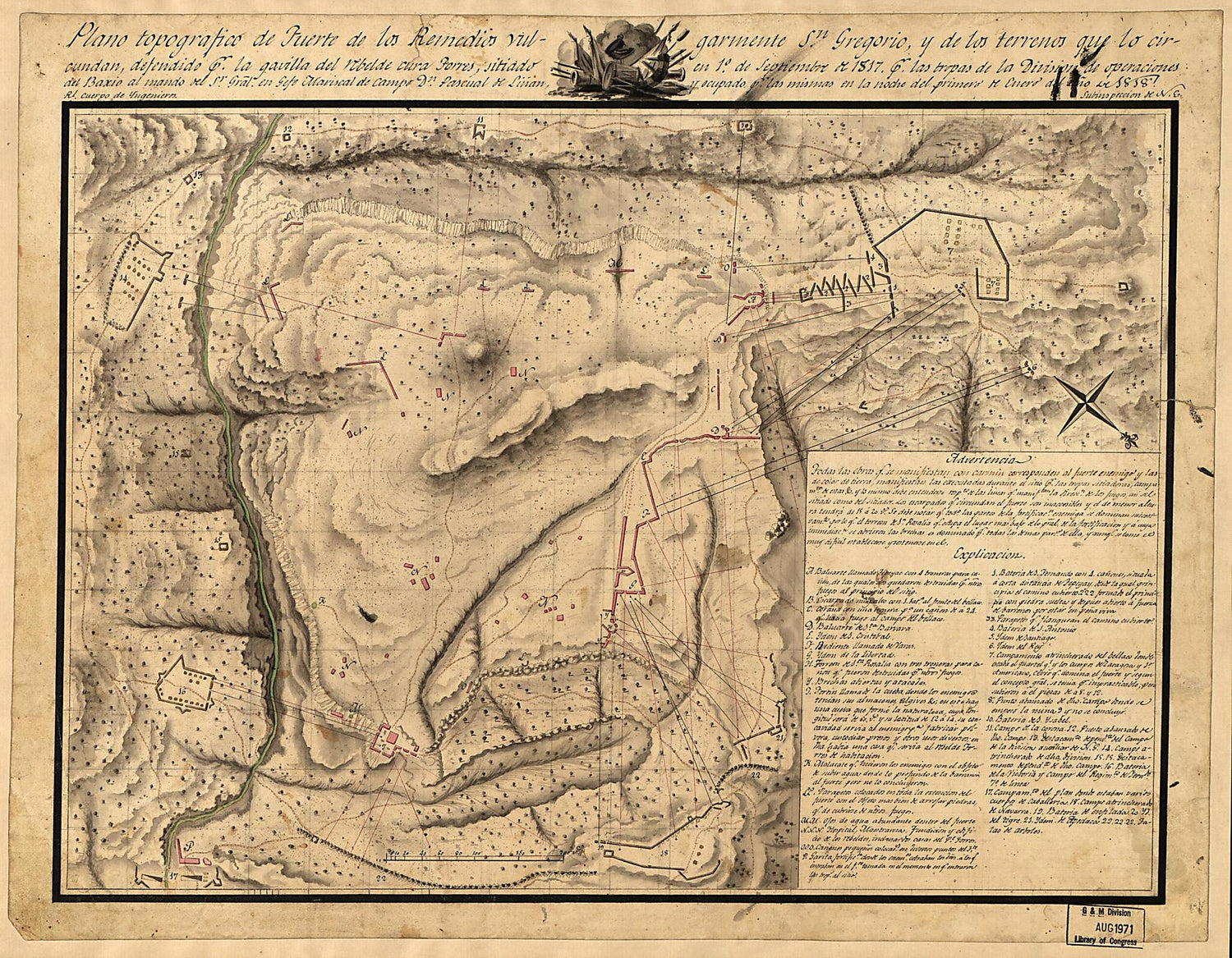 This old map of Plano Topografico De Fuerte De Los Remedios Vulgarmente Sn. Gregorio Y De Los Terrenos Que Lo Circundan, Defendido Pr. La Gavilla Del Rebelde Cura Forres, Situiado En 1o. De Septiembre De 1817 Pr. Las Tropas De La Division De Operaciones 