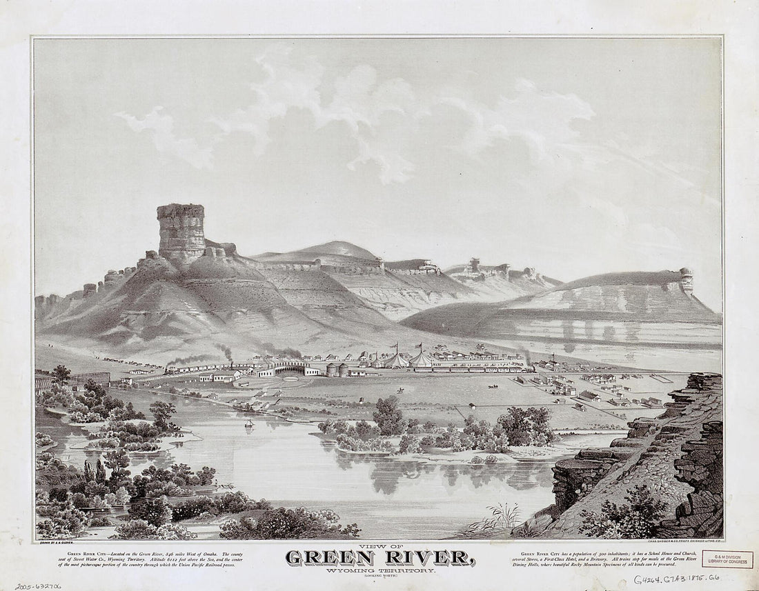 This old map of View of Green River, Wyoming Territory (looking North) from 1875 was created by E. S. (Eli Sheldon) Glover in 1875