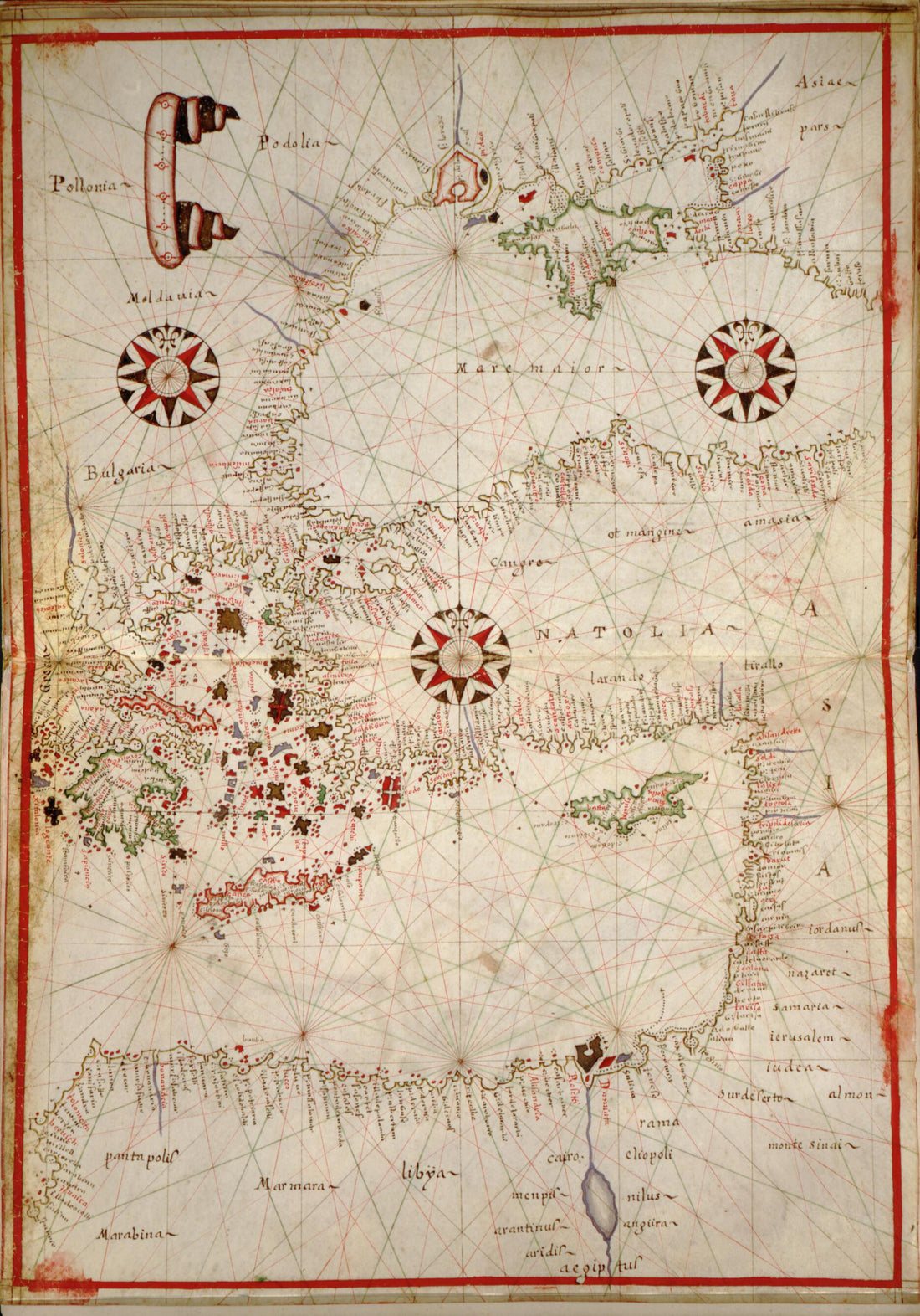 This old map of Portolan Atlas of the Mediterranean Sea, Western Europe, and the Northwest Coast of Africa from 1590 was created by Joan Oliva in 1590