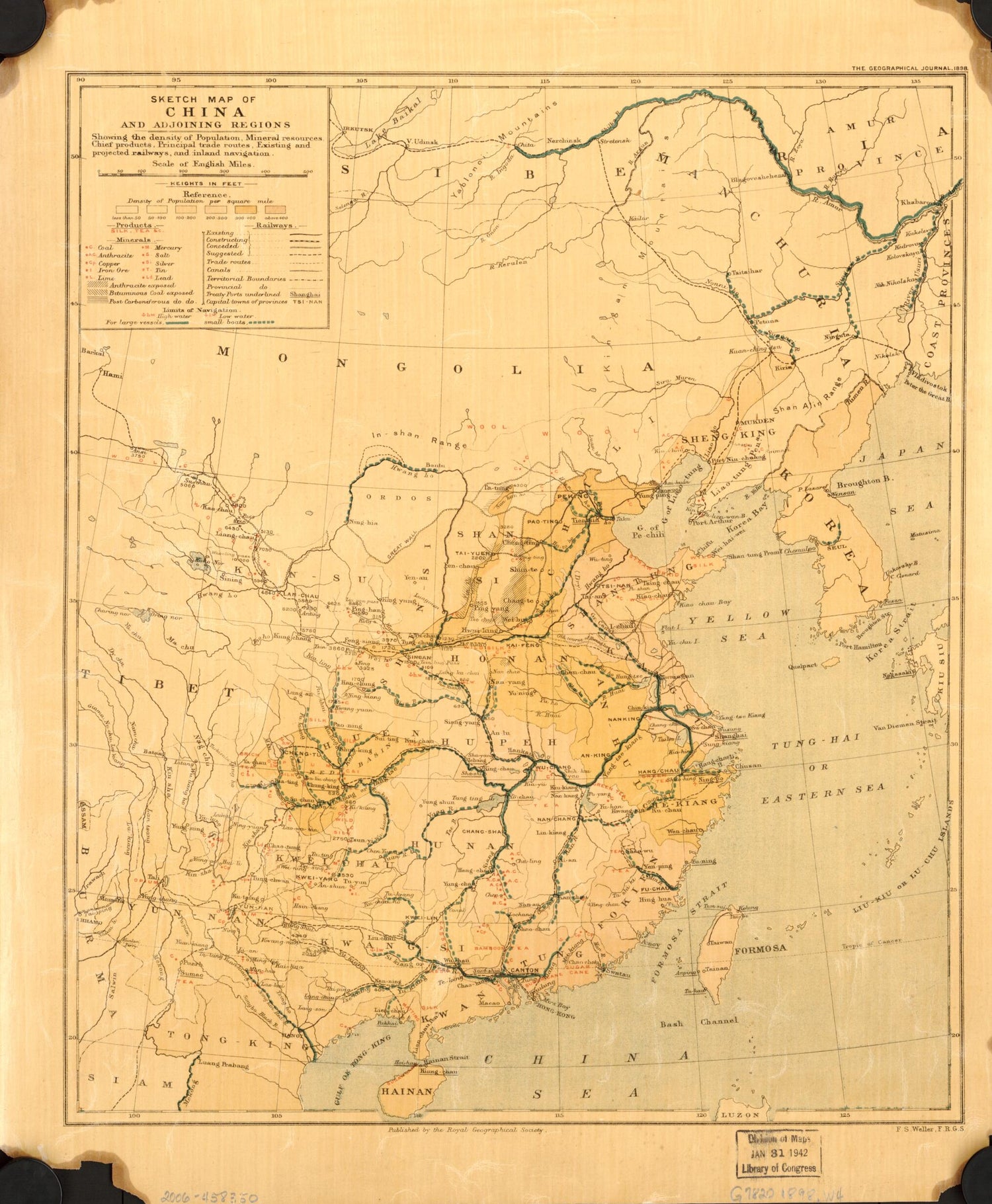 This old map of Sketch Map of China and Adjoining Regions : Showing the Density of Population, Mineral Resources, Chief Products, Principal Trade Routes, Exisitng, and Projected Railways, and Inland Navigation from 1898 was created by F. S. Weller in 1898