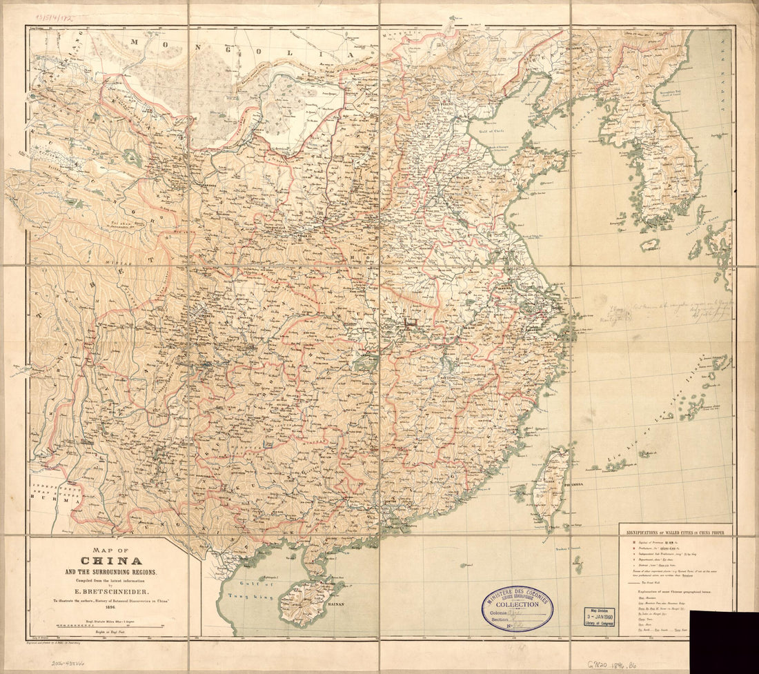 This old map of Map of China and the Surrounding Regions from 1896 was created by E. Bretschneider in 1896
