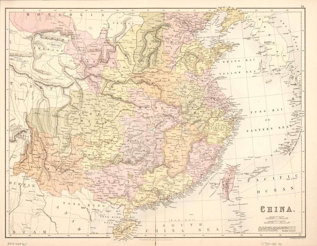 This old map of China from 1885 was created by  Adam and Charles Black (Firm), J. G. (John George) Bartholomew in 1885