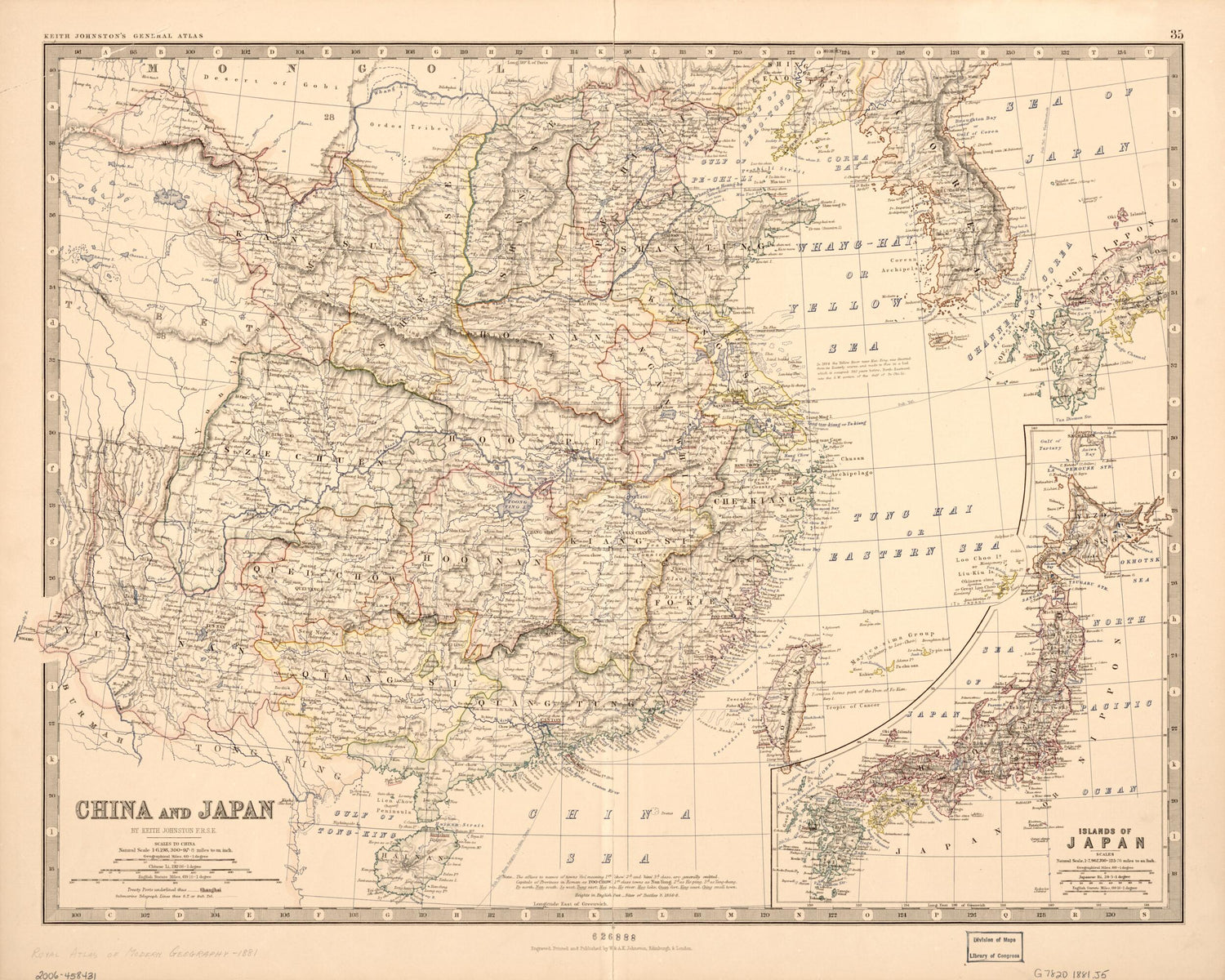 This old map of China and Japan from 1881 was created by Keith Johnston in 1881